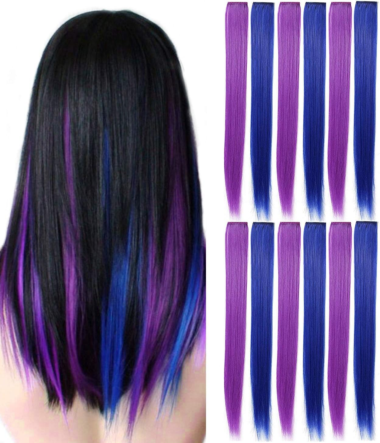 12 Pcs Colored Party Highlights Colorful Clip in Hair Extensions 22 Inch Straight Synthetic Hairpieces for Women Kids Girls, Rainbow