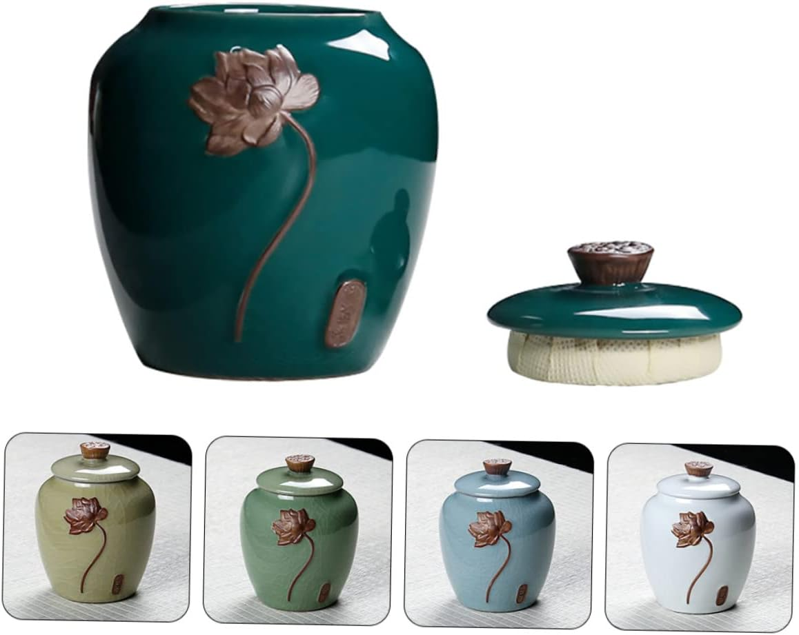 CAXUSD Ceramic Tea Can Tea Canister Relief Lotus Design for Home Office Food Storage Can Container for Loose Leaf Random Color image number 1