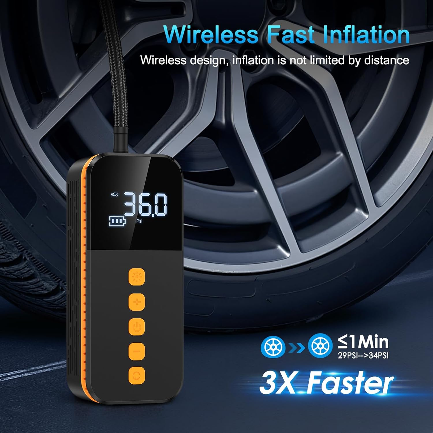 AMIR Portable Air Compressor, Powerful Cordless Tyre Inflator with 3 Nozzle Adaptors and LED Light, Tyre Pump with Pressure Gauge for Car, Motorbike, Bike and Ball image number 5