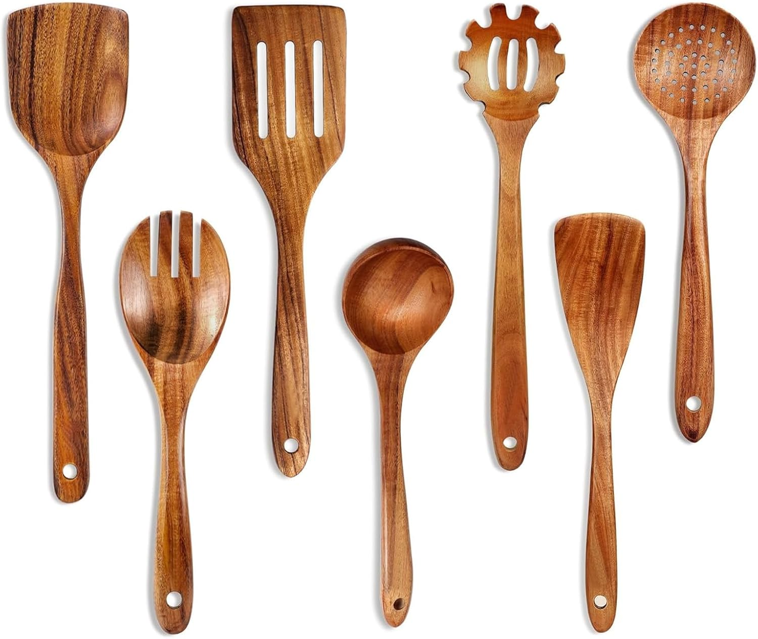 CATZONS Wooden Spoons for Cooking, Teak Wooden Kitchen Utensil Set - with Holder & Spoon Rest, Smooth Finish Comfort Grip Teak Wooden Spatula Set, 7 PCS Set image number 2