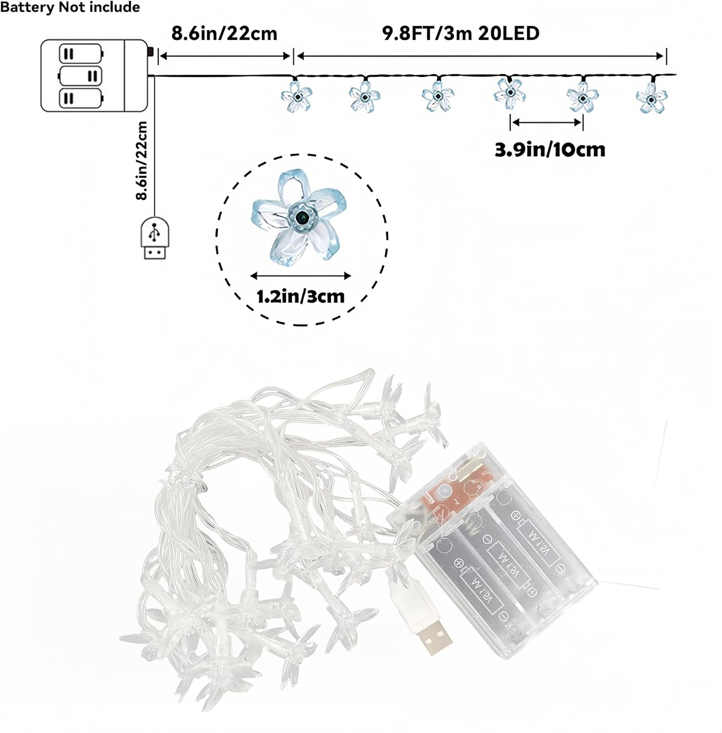 2Pack String Light Battery and USB Powered 9.8FT/3M Colorful 20LED Cherry Blossom String Light,Indoor/Outdoor Decoration - Ideal for Christmas, Garden, Birthday, Wedding, Party image number 4