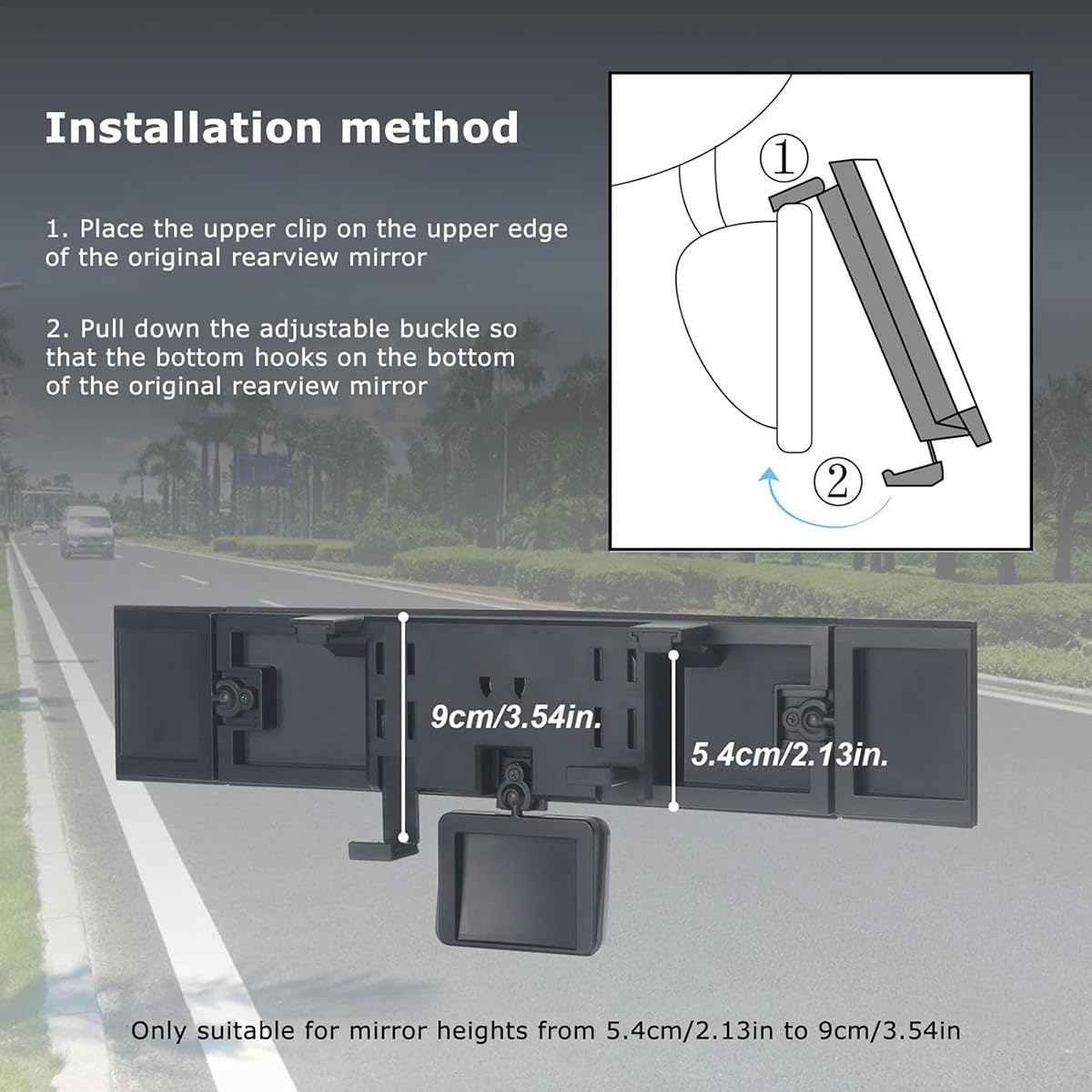 AIMALL 15In Wide-Angle Car Rearview Mirror with Baby View Blind Spot Assist Universal Clip-On Mirror for Mirror Heights 2.13In&ndash;3.54In ABS Frame Glass Surface image number 1