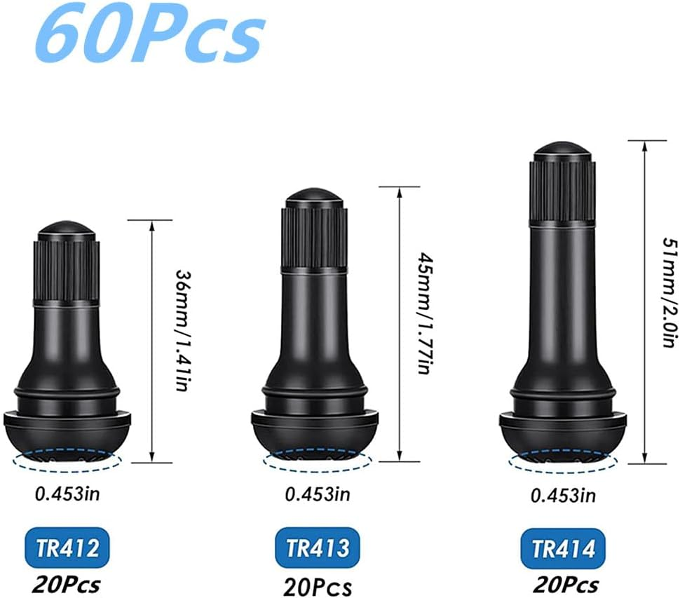 Walquicks 60 Pcs Tire Valve Stems, Premium TR412, TR413, TR414 Black Rubber Snap-In Valves Stems with Dust Caps for Replacement of Tubeless Rim Holes on Standard Vehicle Tires,Tyre Tool image number 6