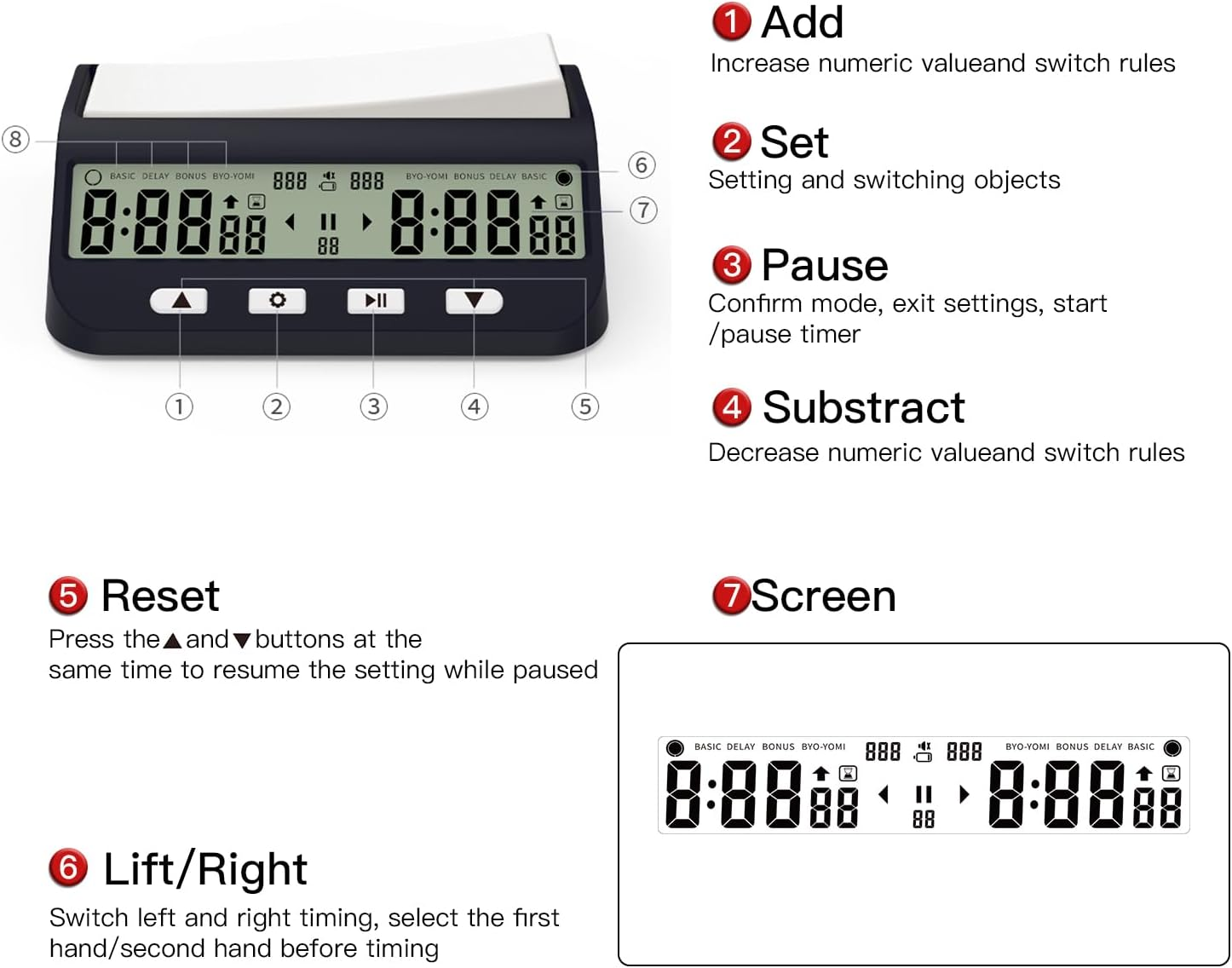Necomi Digital Chess Timer, Portable Chess Clock Digital Chess Clock for 2-Player Game with Basic Bonus Delay Byo-Yomi & Positive Time Features 5-In-1, New Upgraded to Show Priority of Moves image number 5
