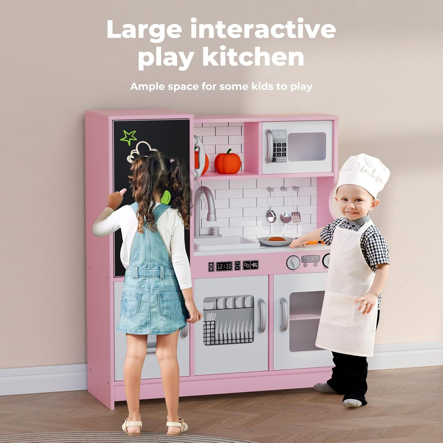 Bopeep Kids Kitchen Playset, Wooden Pretend Play Kitchen, Sink, Faucet, Stove, Microwave, Oven, Utensils, Ice Maker, Dishwasher, Towel Rack & Sweet Accessories, for Boys Girls Aged 3+, Pink image number 3