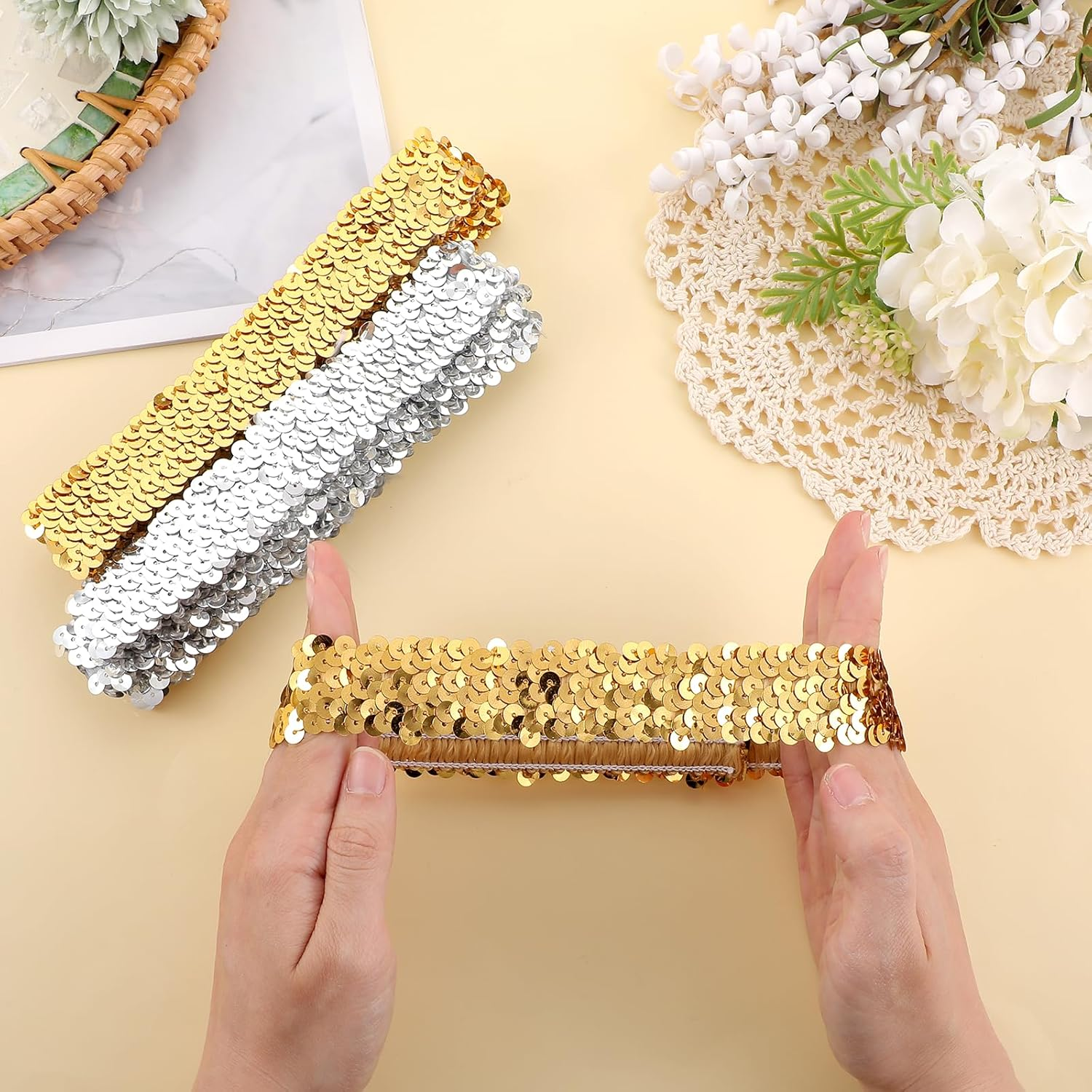 Sequin Headbands 12 Pack - Silver & Gold, Sparkle Disco Adjustable Elastic Glitter Head Bands for Girls & Women, Sparkly Fashion Elastic Headbands for Dance Party image number 6