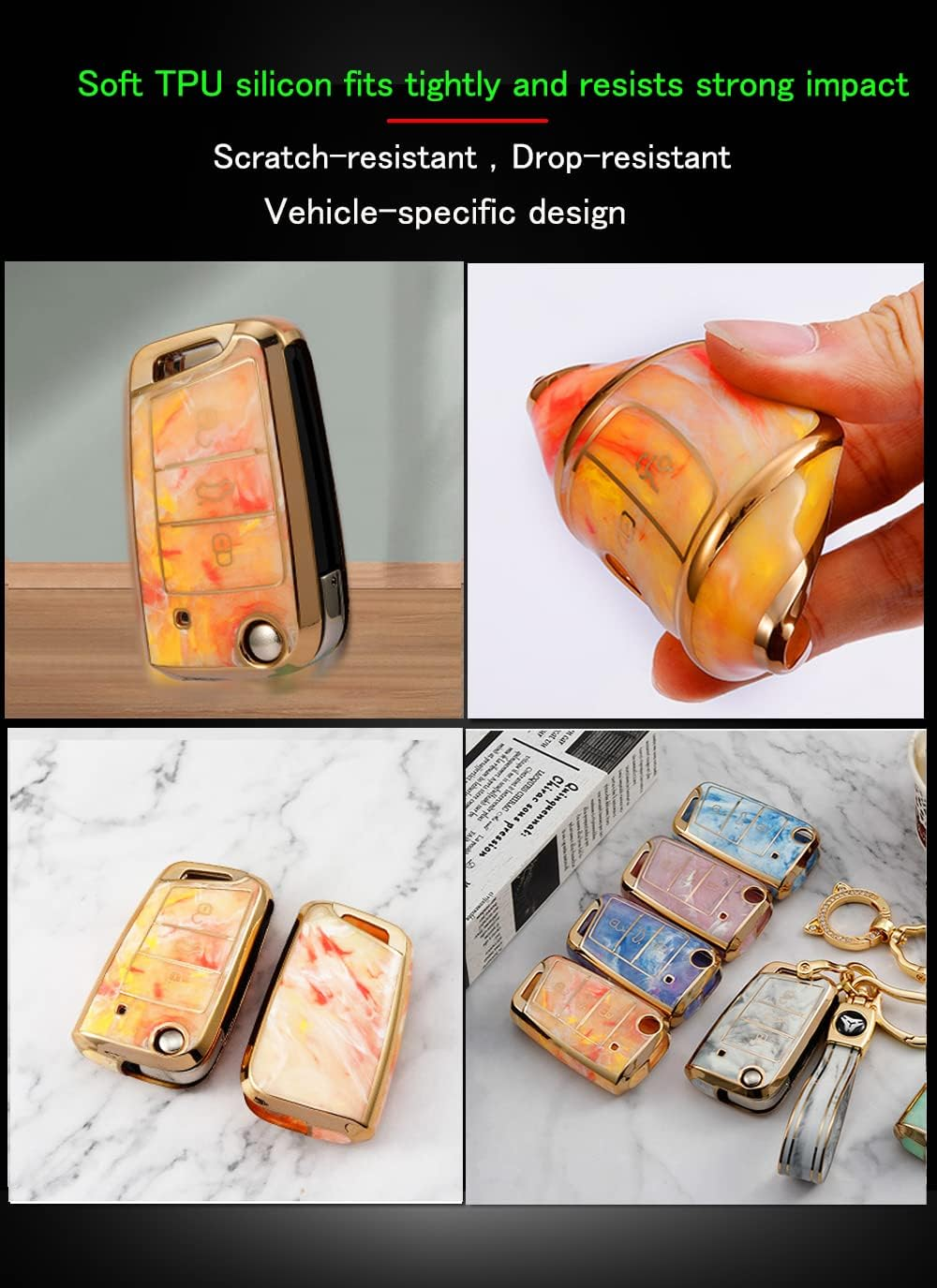 Ontto Tie-Dye Colour Car Key Fob Cover Fit for VW Golf 7 MK7 Polo T-ROC Tiguan Skoda Superb Octavia Seat Leon Ibiza Flip TPU Key Case Keyring Keychain Key Holder Accessories Pink - Pink image number 3