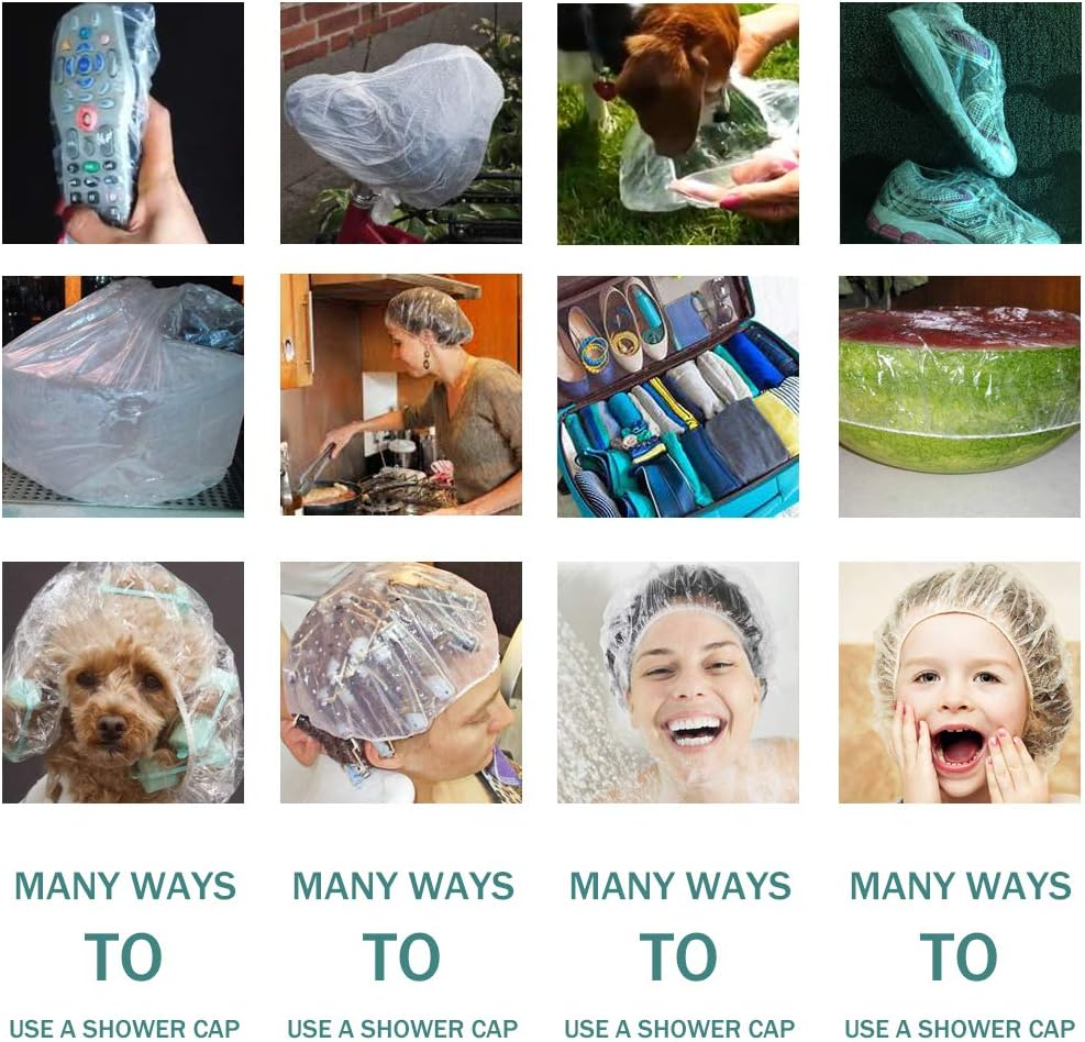 100+10 Disposable Clear Mop Mob Caps Clipped Hair Head Cover Shower Cap Plastic for Beauty Salon,Food Service,Hospitals,Laboratories,Manufacturing or Spray Tanning image number 1