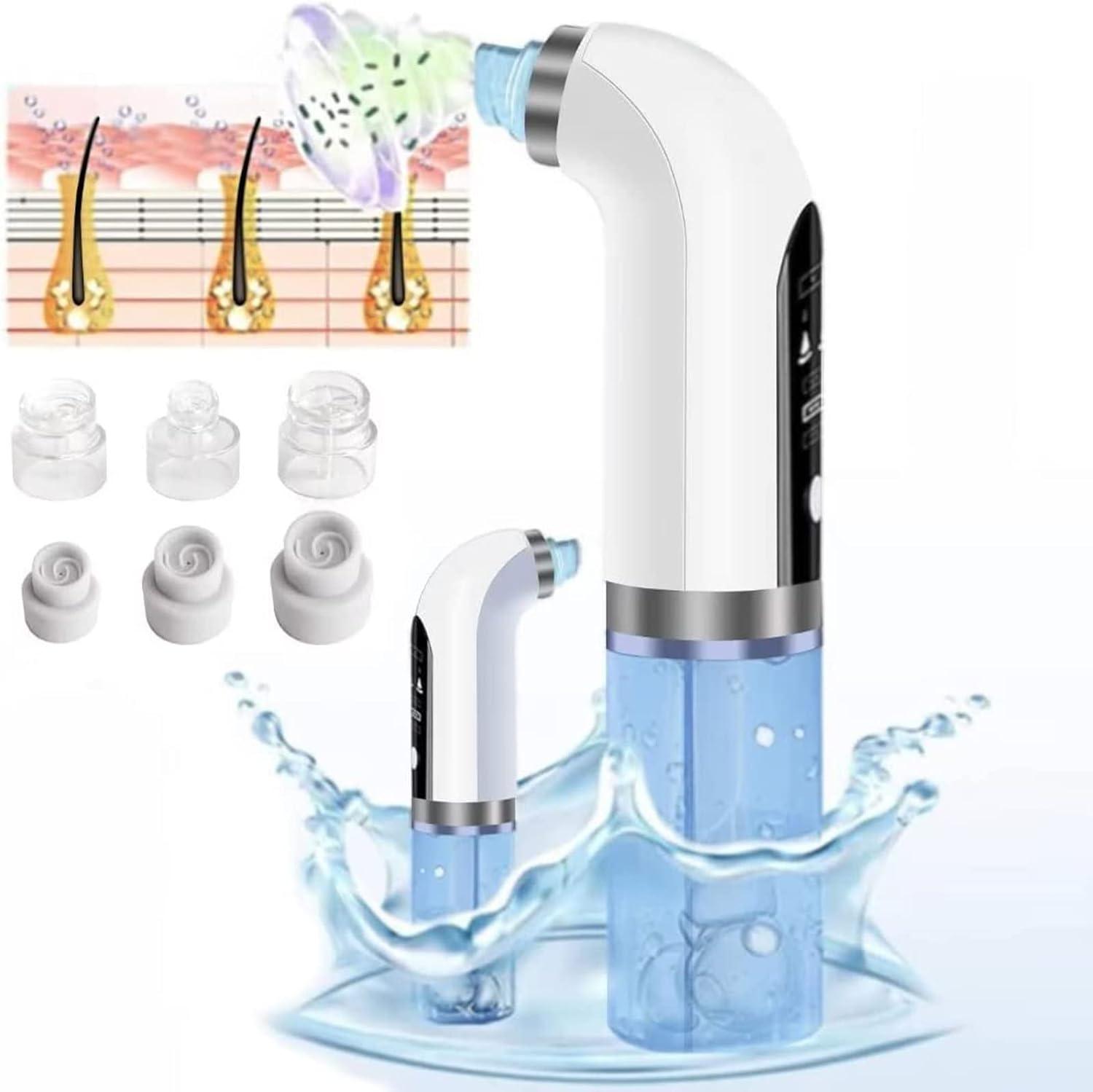 Pore Vacuum Blackhead Remover Water Circulation Pore Cleaner Pimple Extractor Tools with 6 Suction Heads,3 Gears Adjustable Beauty Device for Men and Women image number 1