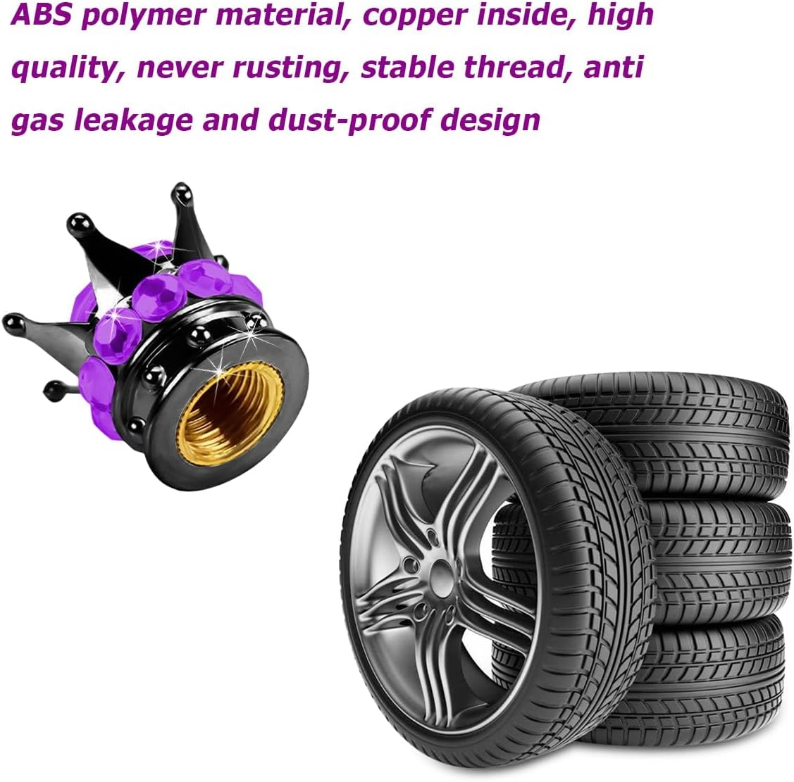 Crown Tire Valve Stem Caps, 4Pcs Handmade Bling Rhinestone Car Stem Air Caps Cover, Dustproof Tire Valve Caps for Bike Motorcycle Wheels, Auto Exterior Accessories for Girl Women (Black/Purple) - Black/Black image number 4