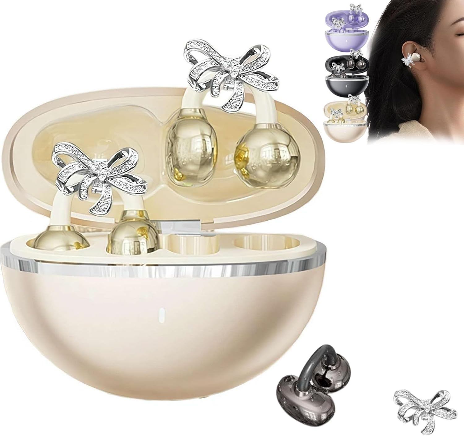 Clip-On Earbuds with Detachable Bow Earrings,Open-Ear Wireless Bluetooth 5.4 Headphones with Mic, Comfortable Fit & 72H Playtime Jewelry-Inspired Headphones for Women Gifts,Sports & Workouts (Black)