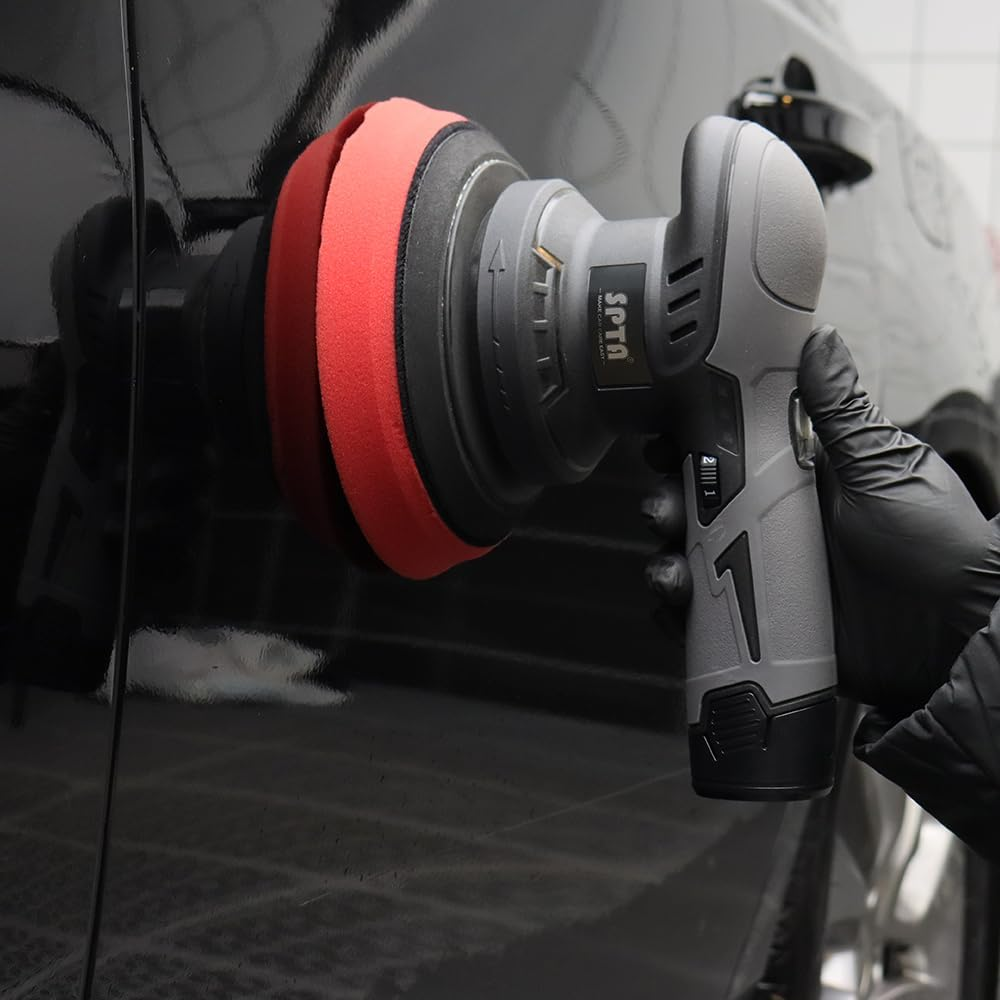 SPTA Battery Wax Machine, 125 Mm, 150 Mm Dual Action Polishing Machine Polisher with 6 Levels, Replaceable Batteries 12 V, 2 X Polishing Hoods, 6 X Polishing Sponge, 6 X Polishing Pads for Waxing image number 4