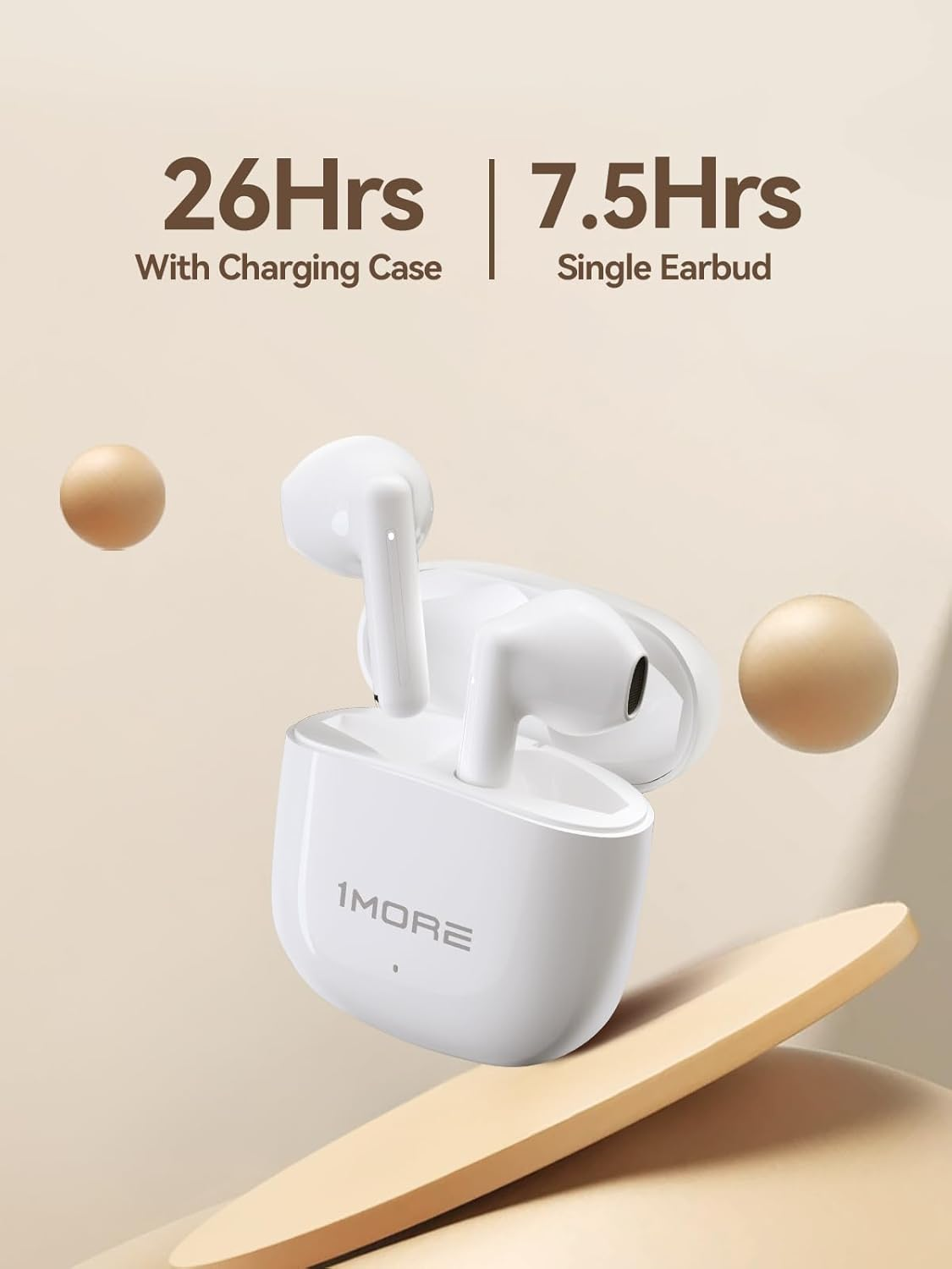 1MORE Q10 Wireless Earbuds, Bluetooth 5.3 Half In-Ear Lightweight Ear Buds, Comfort Fit, Deep Bass Stereo Headphones with Dual Mics, 26H Playtime, One Step-Pairing, IPX4 Waterproof Earphones (White) - White image number 5