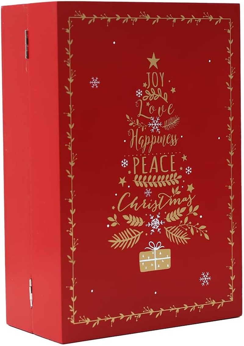 PE Christmas Wooden Advent Calendar Book with Drawers and LED, Reusable Countdown to Christmas Advent Calendar with Village Forest Snowman Scene Perfect Gift (Red)