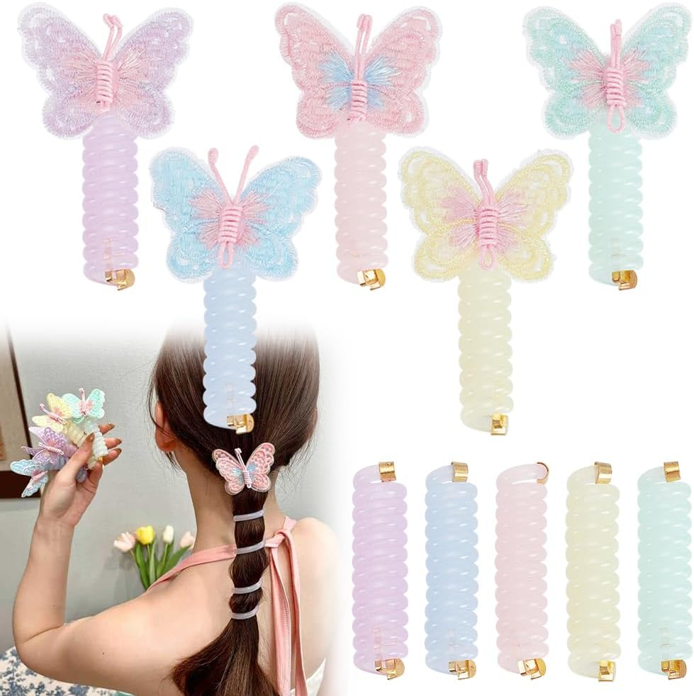 Arricraft 10 Pcs Embroidered Butterfly Headband Spiral Hair Ties No Damage, 10 Colors Telephones Wire Hairs Spiral for Women Ponytail image number 2