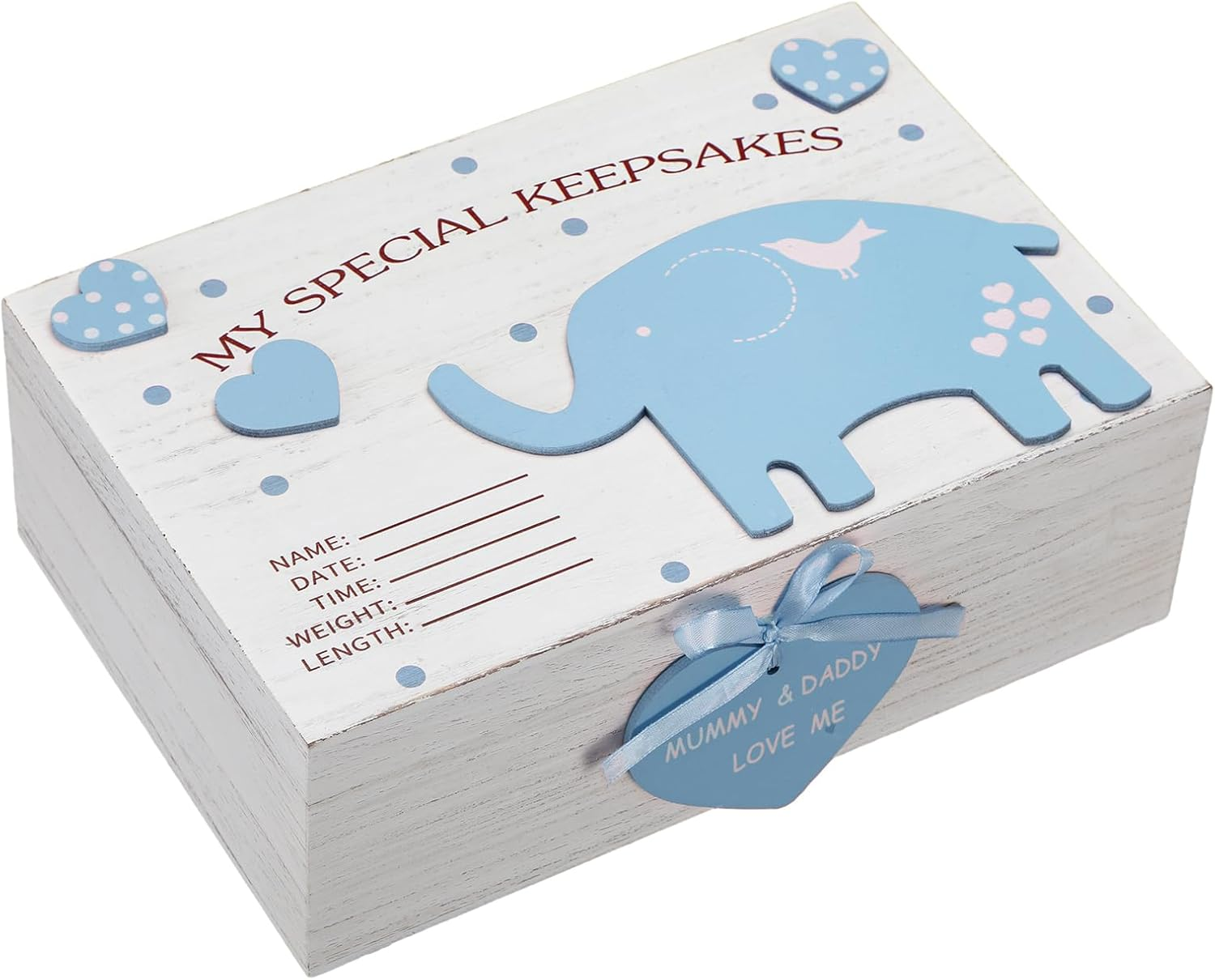 Soaoo 3D Wooden Baby Boys Memories Keepsake Box Baby Girls Elephant First Keepsake Box New Parent Newborn Baptismal Birthday Gift for Mementos 11.81'' X 7.87'' X 3.94''(Blue)