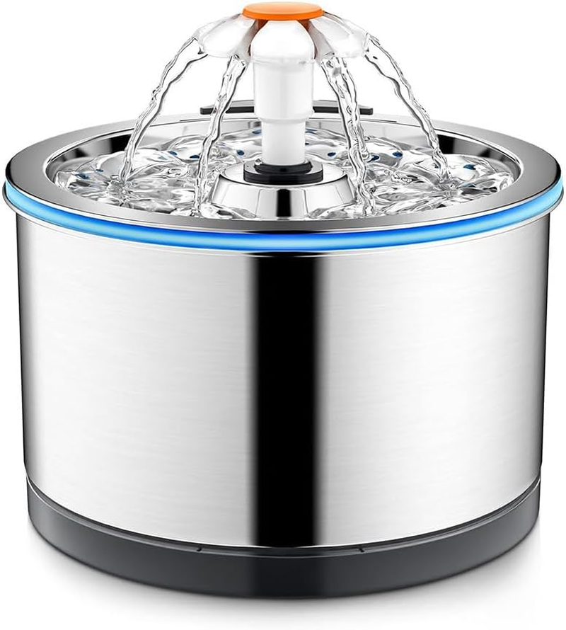 Stainless Steel Pet Drinking Fountain 81Oz/2.4L, Water Level Window & LED Light, Automatic Water Dispenser for Cats and Dogs, Includes 1 Filter (Stainless Steel, Large)