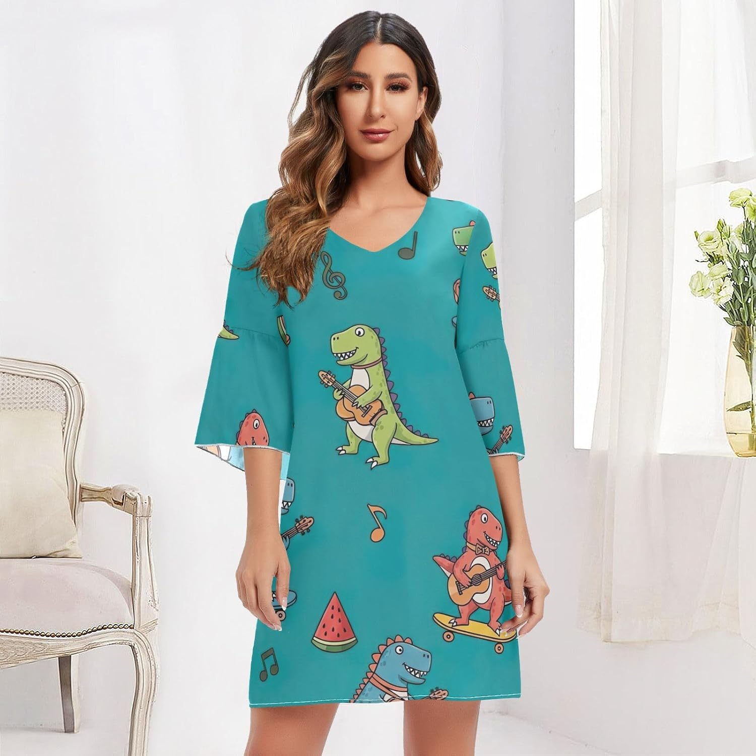 Colorful Cartoon Dinosaur Short Dress Printed Maternity Dress Party image number 3