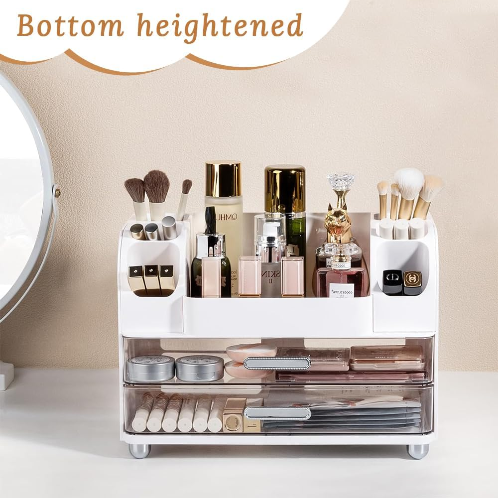 Dressing Table Cosmetic Storage Box with Two Large Drawers for Lotions, Lipsticks, Perfumes, Etc. Suitable for Bathroom, Makeup Table, Office, Bedroom (White) image number 5