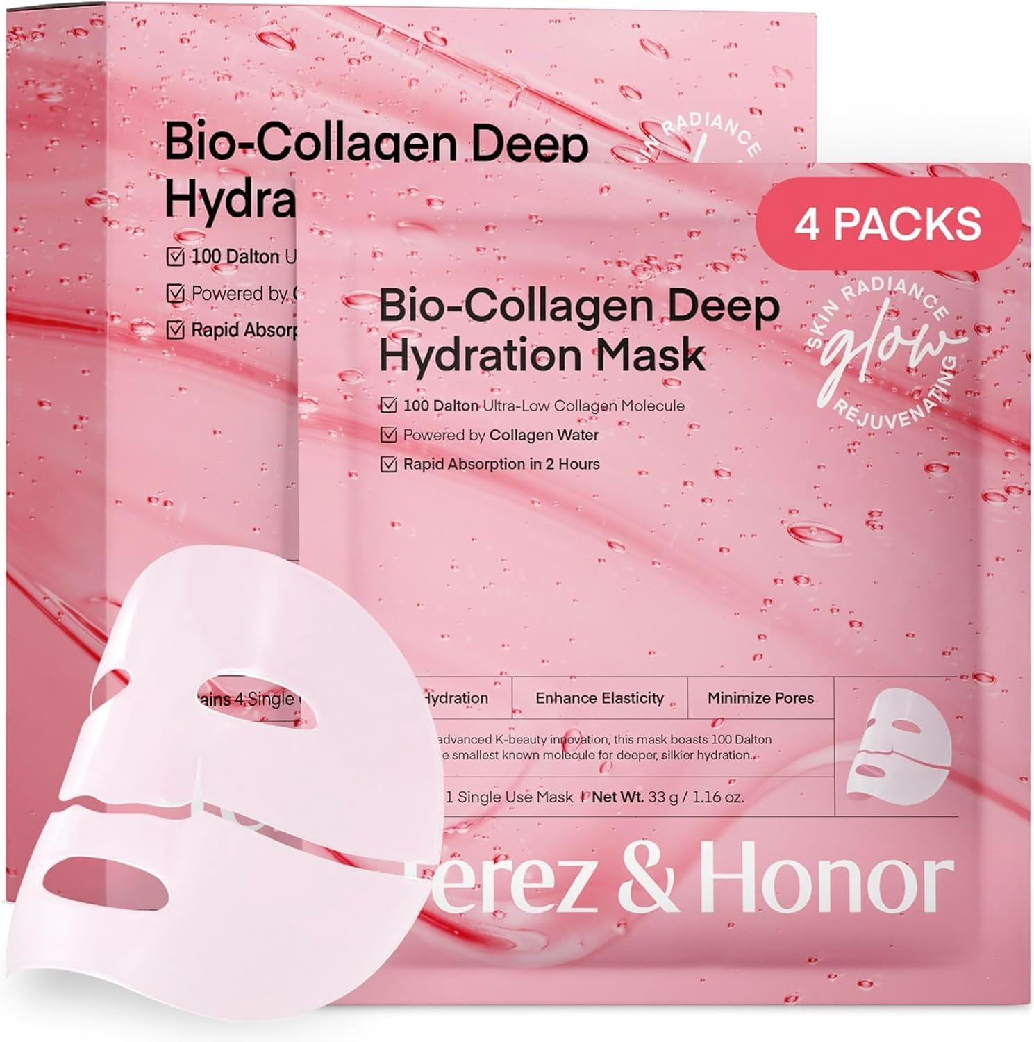 Collagen Face Mask Korean Skincare: 4Ea X 33G Real Deep Bio Ultra-Low Collagen 100 Dalton Overnight Hydrogel Mask - Hydration, Anti-Wrinkle & Pore Minimizing - Glow like Glass Skin, [Made in Korea]