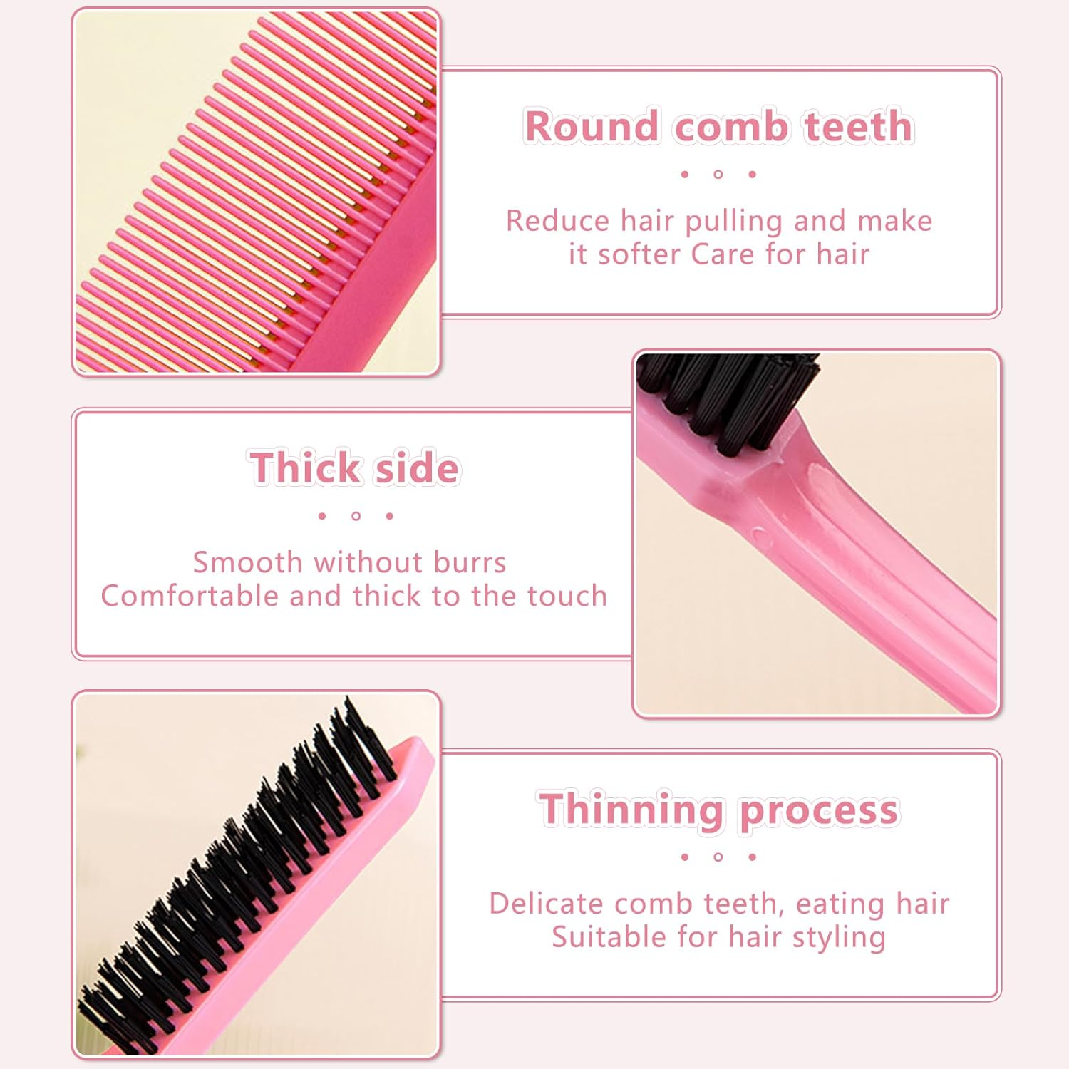 Debbery 3 Pcs Hair Brush Set, Slick Back Hair Brush Edges Brush, Back Combing Brushes, Rat Tail Comb Double Sided Edge Brush for Teasing Hair Slicking Brushing Combing Styling (Pink) image number 2
