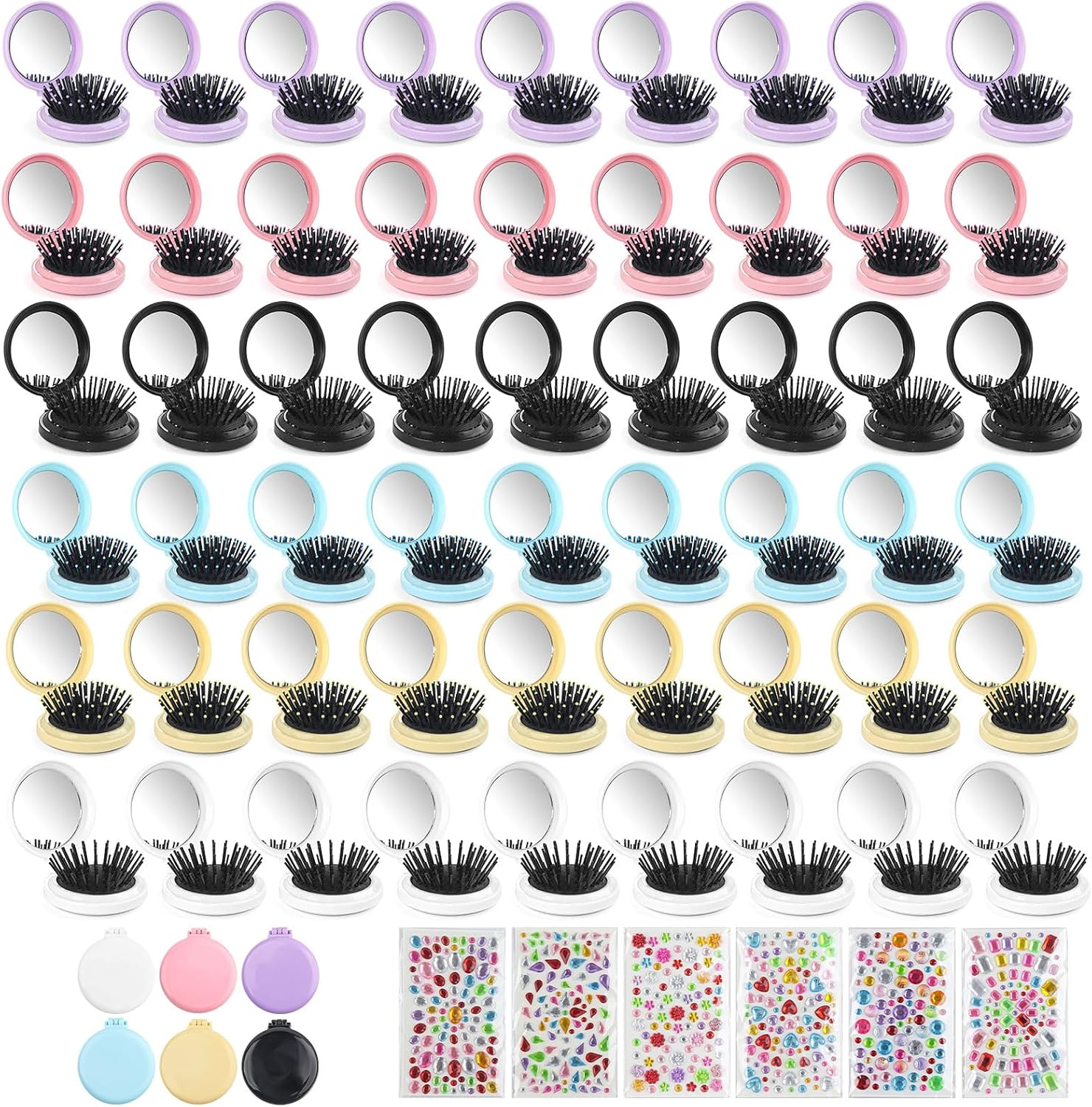 6 Colors Foldable Mirror Hairbrush, 2 in 1 Compact Pocket Mirror Comb in Bulk, with DIY Stickers, Travel Mini Hairbrush Makeup Mirror for Women Girls (6-PACK) image number 1