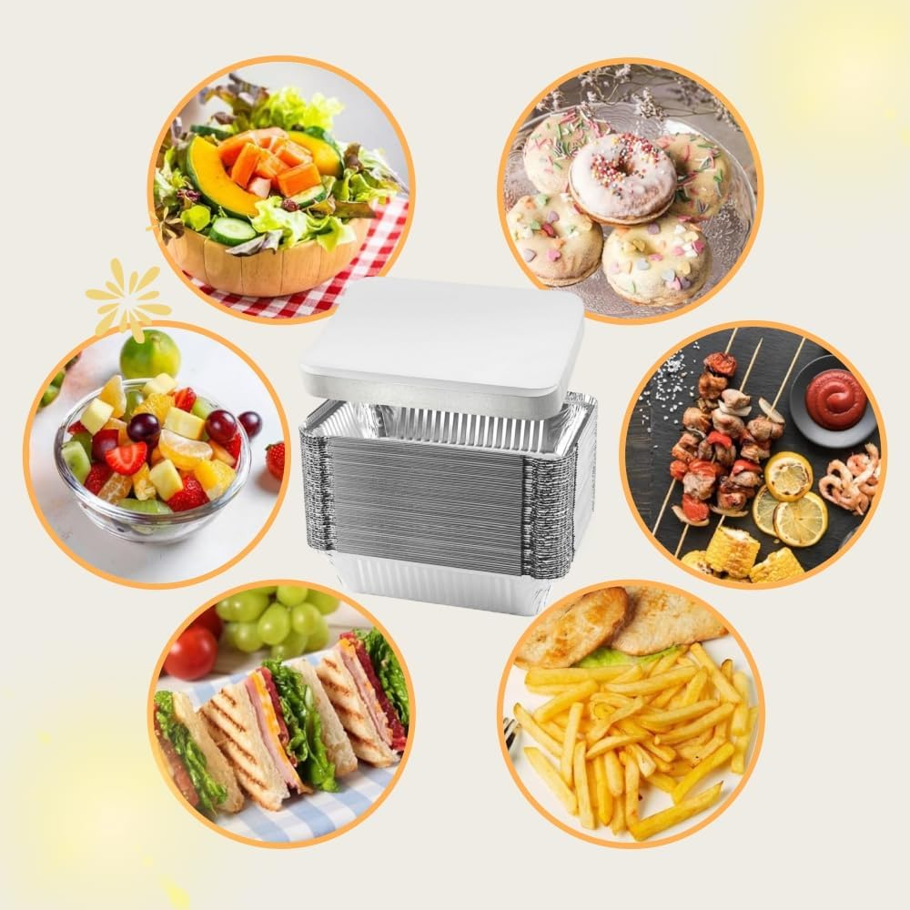 800-ML Thickened Aluminum Foil Food Container, Aluminum Foil Food Container with Lid, Used for Baking, Meal Preparation and Freezing, 60 Pcs