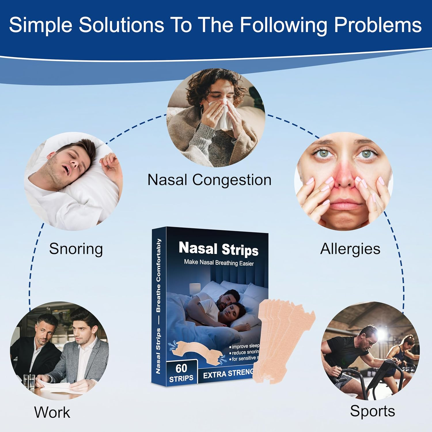 Nasal Strips for Snoring - Nose Strips for Breathing (60 Count), Sports & Sleep Anti-Snoring Device, Relieves Nasal Congestion, Reduces Snoring image number 2