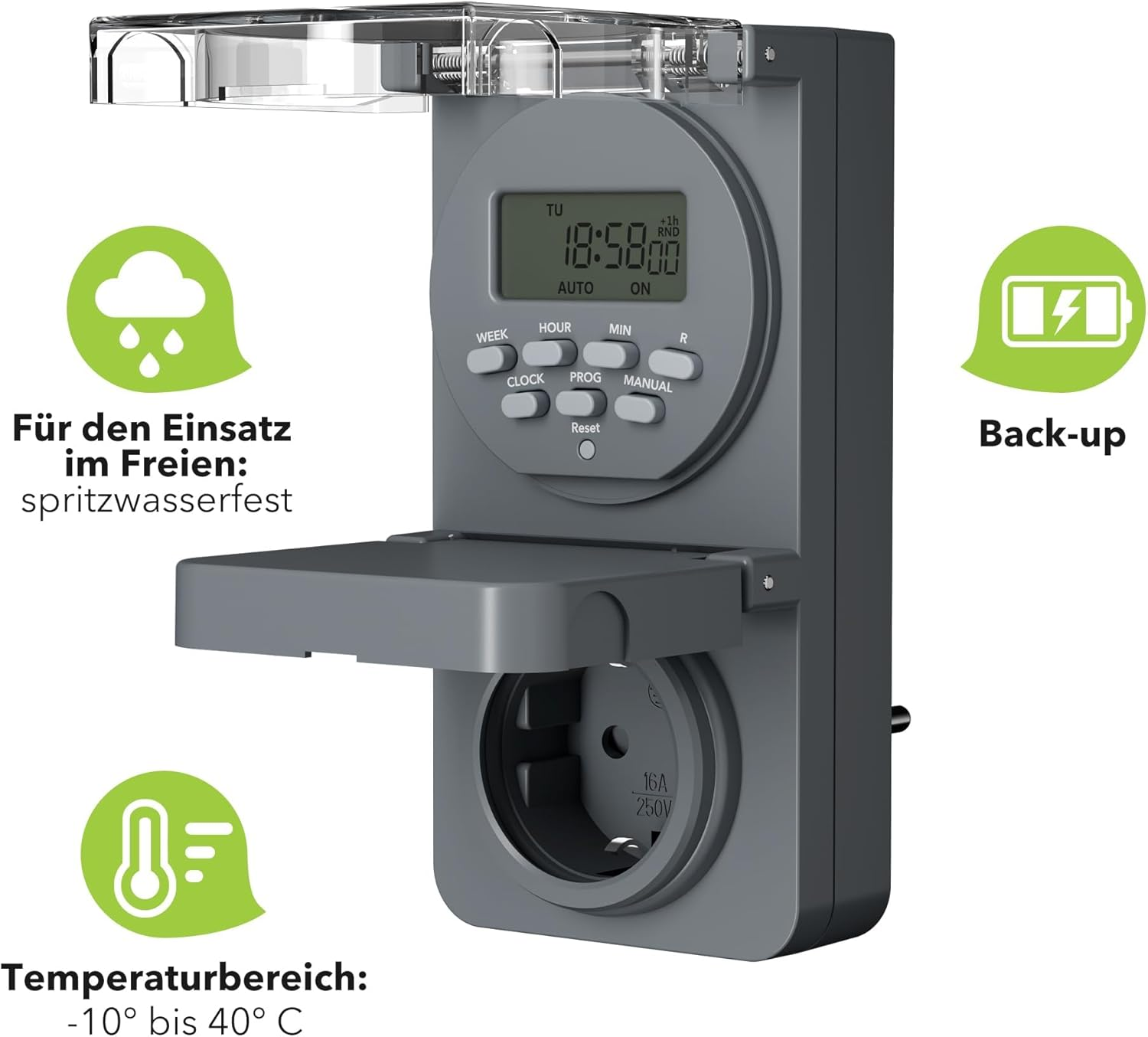 HBN Digital Timer Socket Outdoor, 8 Switching Programmes, Weekly Timer with Random Function, IP44 Outdoor Timer Socket for Christmas Decoration, Pool Pumps, Lighting in the Garden, 3680 W image number 2