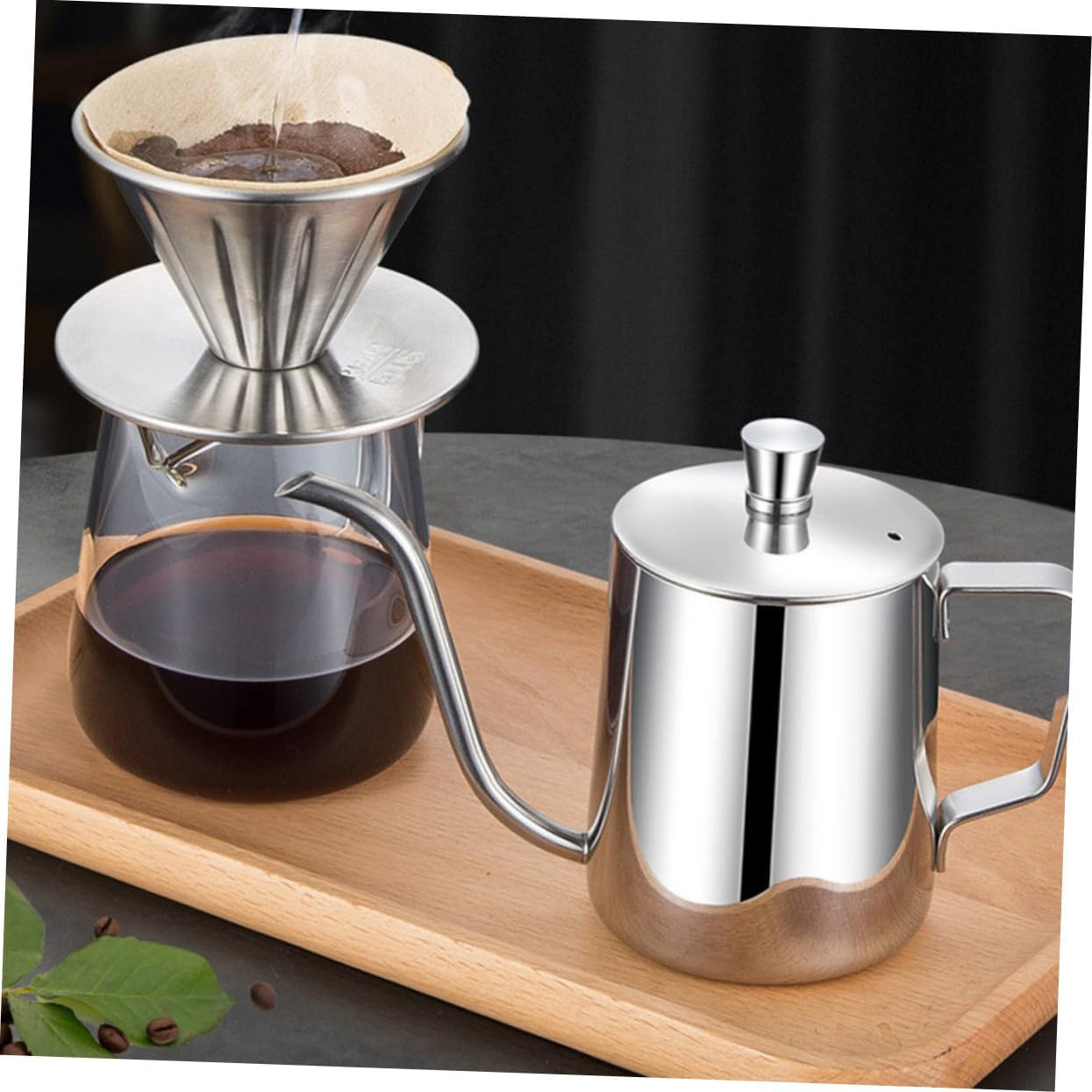 LABRIMP 304 Stainless Steel Coffee Pot with Lid Narrow Mouth Espresso Coffee Machine Mini Hand Pour-Over Bracket Universal for Home image number 4