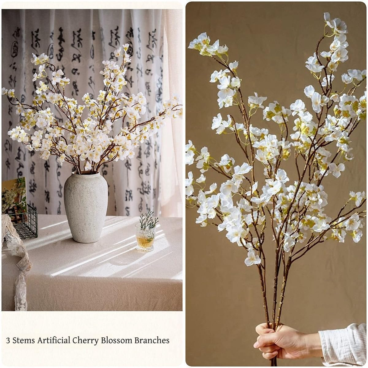 Artificial Cherry Blossom Flowers, 3 Pcs Faux Cherry Blossom Stems Faux Silk Peach Flower Branches 104CM/ 41" Fake Flowers Long Stems for Vase Arrangements Wedding Table Garden Home Decor, White