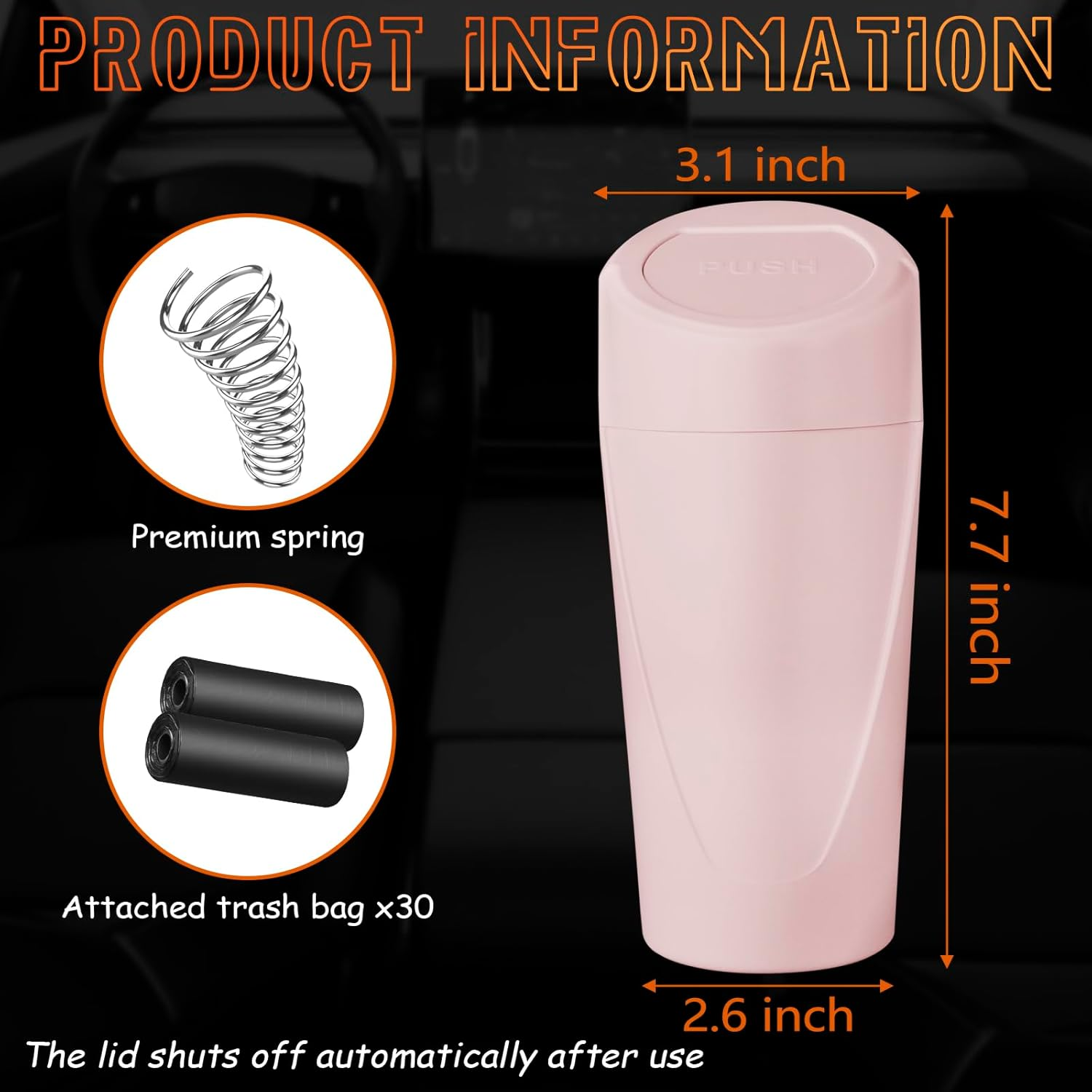 Car Trash Can with Lid, Leakproof Garbage Can with 40 Attached Trash Bags, Mini Essential Car Accessories for Interior, SUV, Home, Office (Sakura Pink) - 2Pack Black image number 5