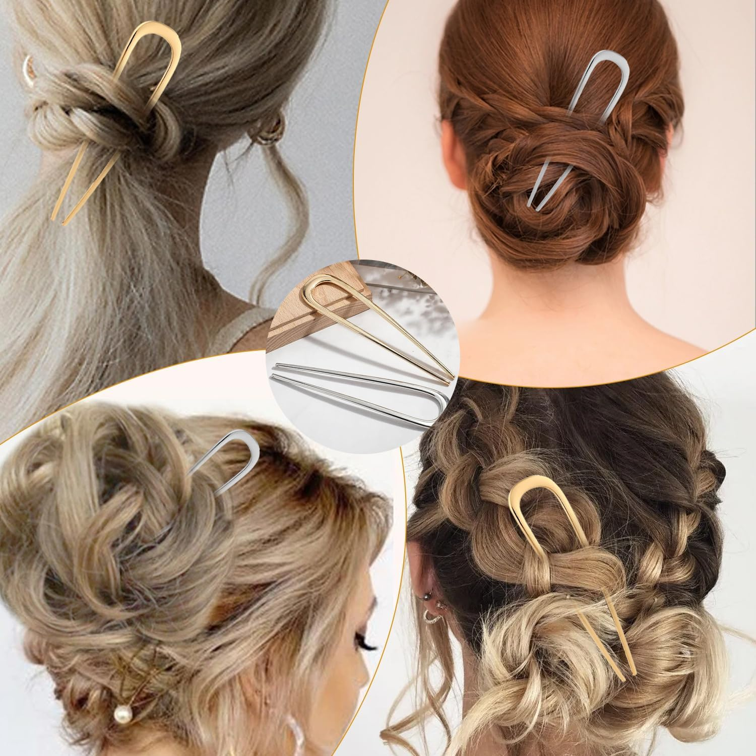 NECXON 2 Pcs Elegant Metal Hair Pins, U Shape Metal French Bun Hair Pins, Perfect for Any Occasion(Silver & Gold) image number 6