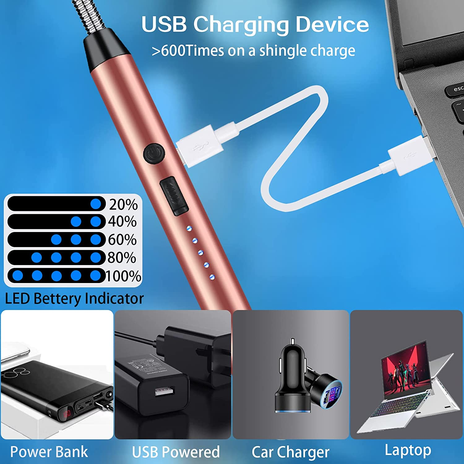 Candle Lighter Electric Arc Lighter USB Rechargeable with 360&deg; Flexible Neck, Gigflpyo Flameless Portable Windproof Plasma Lighters for Home Kitchen Cooking Outdoor BBQ Camping Stove (Rose Gold) - Blue image number 5