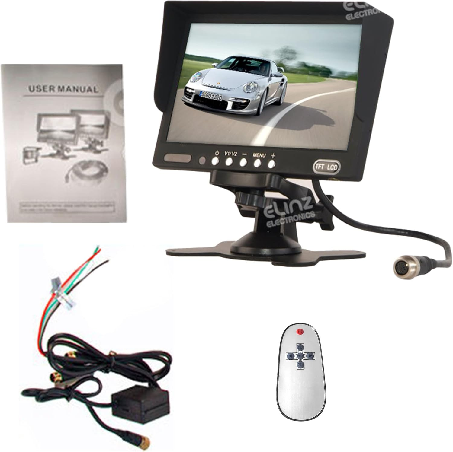 Elinz 7" TFT LCD Monitor HD 12V 24V with 2 AV Inputs 4PIN Advanced 800X480 Sunshade Design Remote Control Built in Speaker Truck Caravan Cars