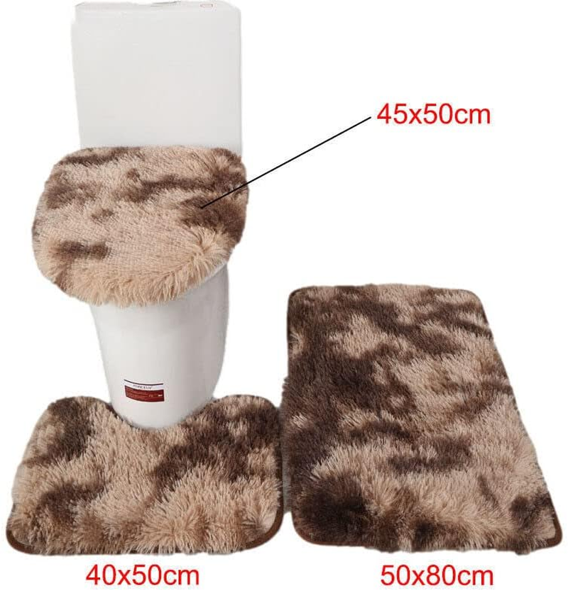 Antislip Washable 3Pc Bathroom Mat Set Fluffy Toilet Cover Pedestal Rug Bath Mat - Durable, Washable, and Comfortable - Coffee image number 5