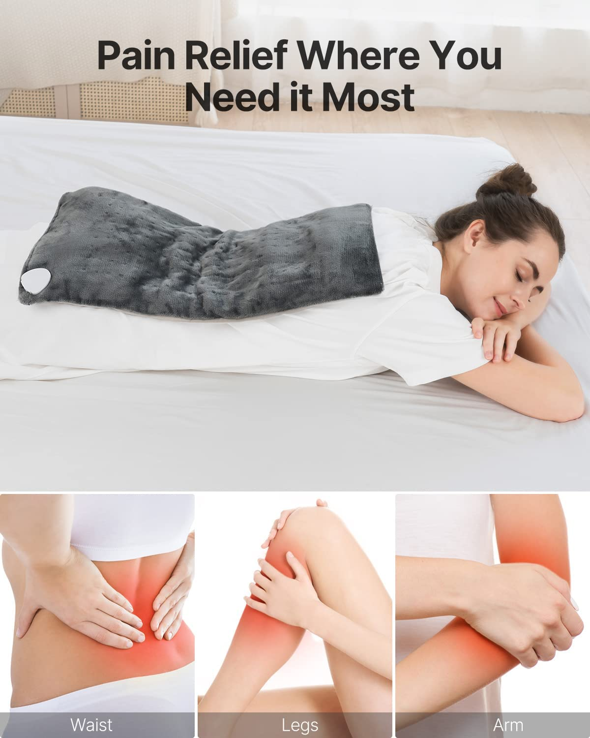 RENPHO Heating Pad, Electric Heat Pad for Back Pain and Cramps Relief, Mothers Day Gift, Birthday Gifts for Women Men, Fast Heated, Auto Shut Off, Machine Washable, Ultra-Soft 61X31Cm Gray image number 5