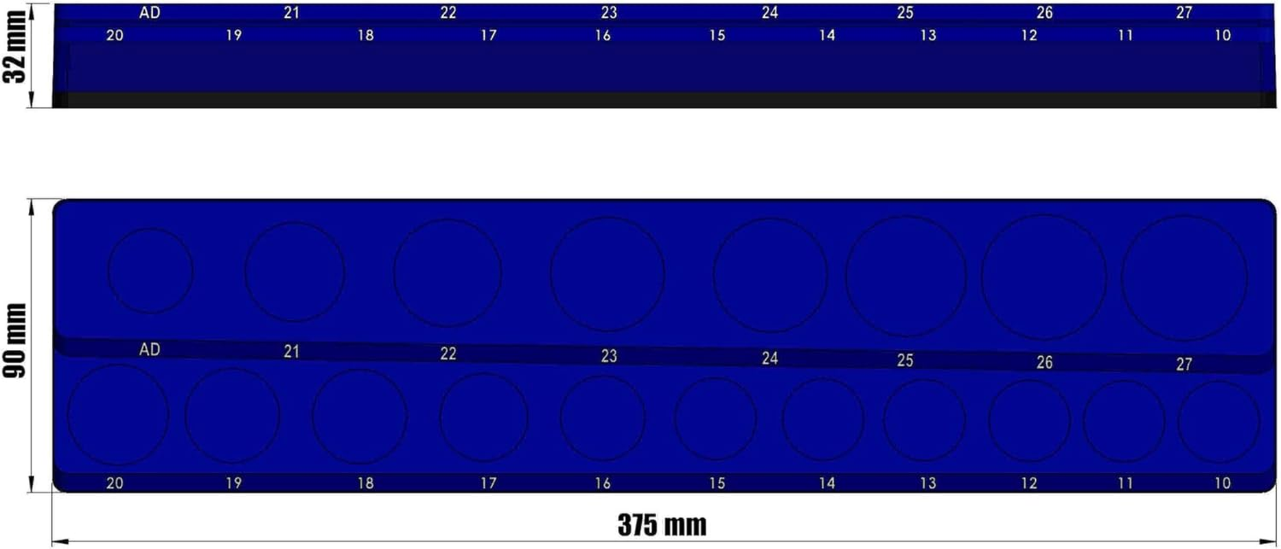 Magnetic 1/2&rdquo; Socket Organiser, Shallow Socket & Adapter Holder Kit, Socket Trays, Holds 19Pcs Sockets & Adapter (Sockets Not Included), Best Tool Storage Solution (Blue, 1/2"-19 Slots)