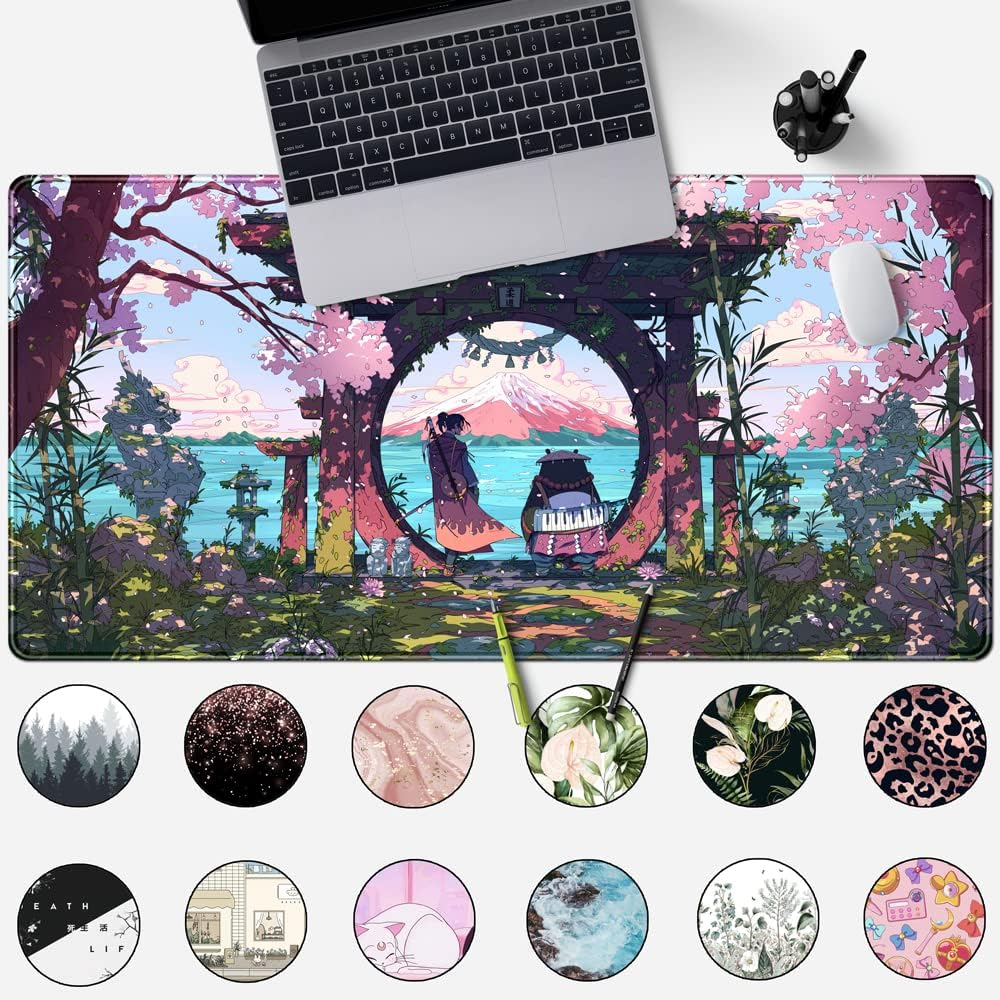 Pink Japan Desk Pad Anime Gaming Green Mouse Large for Computer Pc Laptop Office Decor Women, Keyboard Stitched Edges Non-Slip Rubber Mat (31.5X15.7 In) image number 3