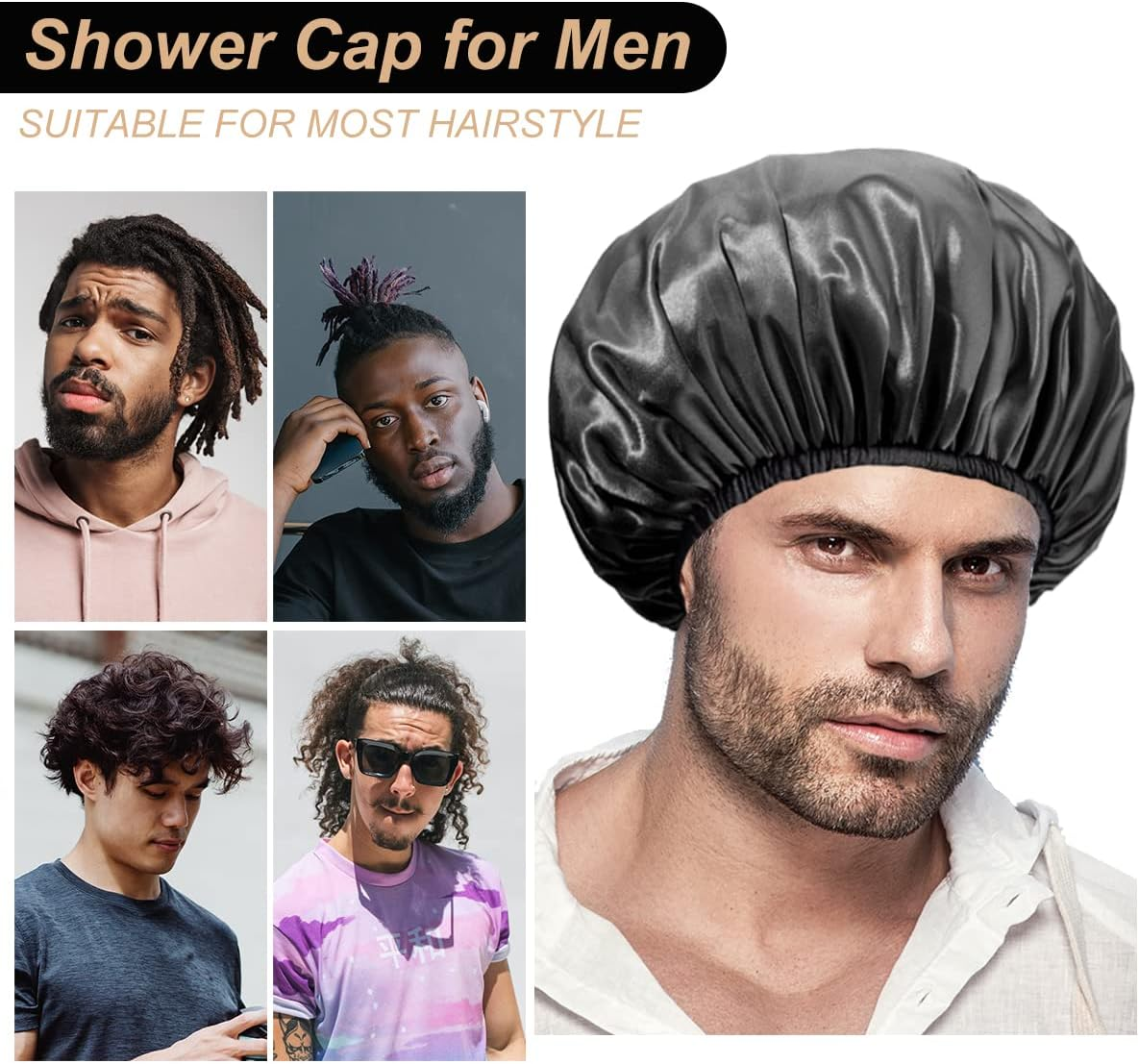 Aquior Shower Cap, Extra Large Shower Cap for Men, Satin EVA Double Layer Waterproof Reusable Hair Cap for Women Long Hair(All Black 4 Pack) image number 1