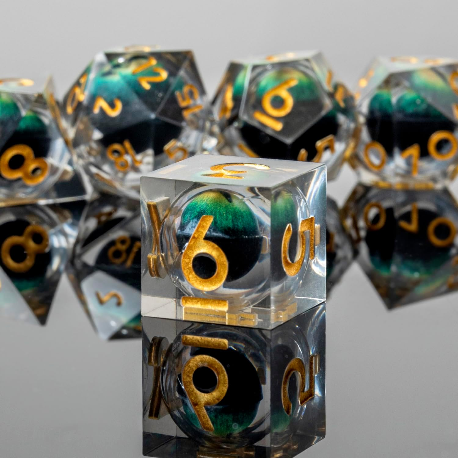 Beholder'S Dragon Eye DND Dice Set,Sharp Edge Liquid Core Resin Handmade Dice with Gift Box 7 PCS for Role Playing Dungeons and Dragons Ttrpg(Dark Green Dargon Eye) image number 1