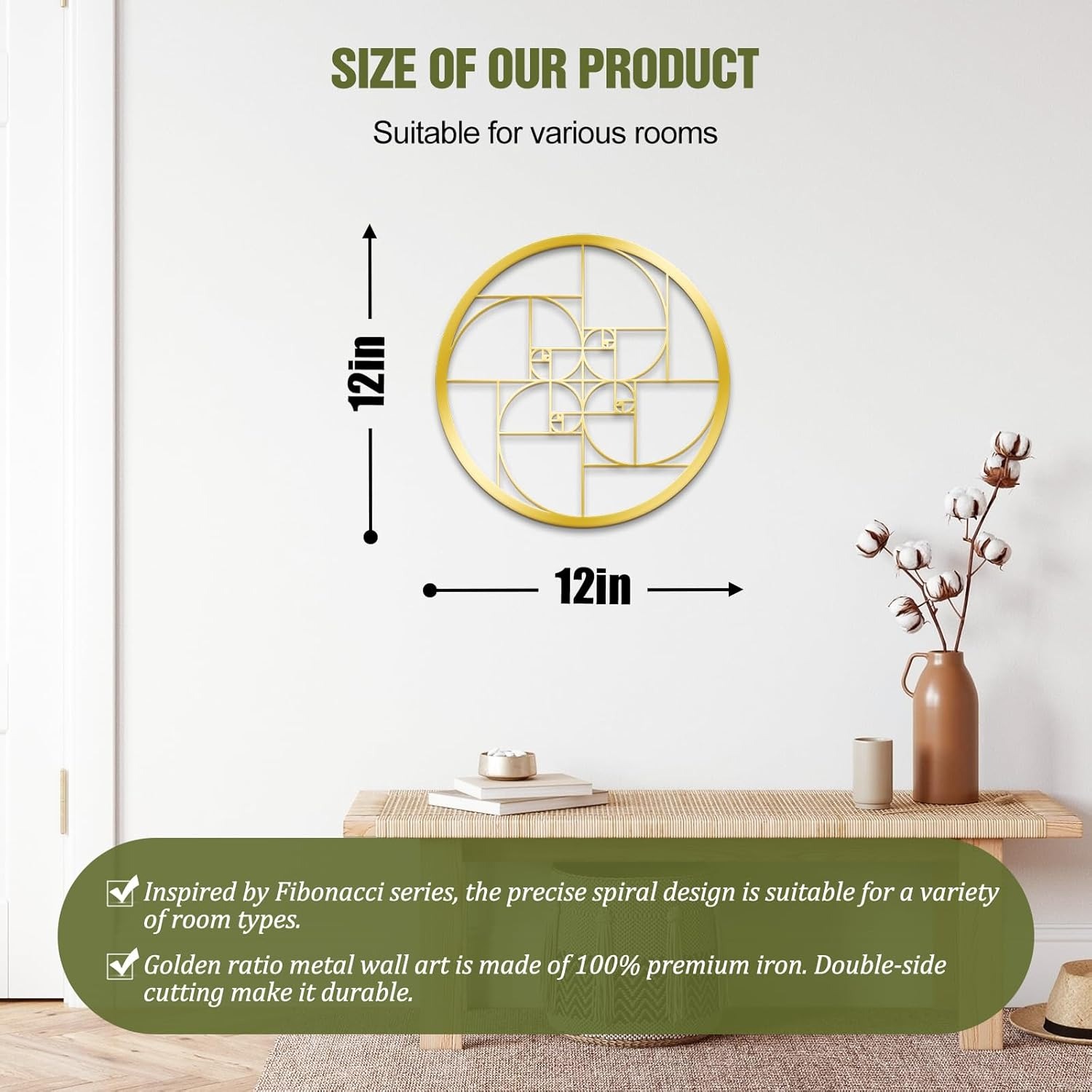 WINUSD 12In Fibonacci Spiral Gold Metal Wall Art, Math Art Fibonacci Spiral Metal Wall Art Decor, Geometric Wall Decoration for Living Room, Office, Outdoor, Indoor image number 4