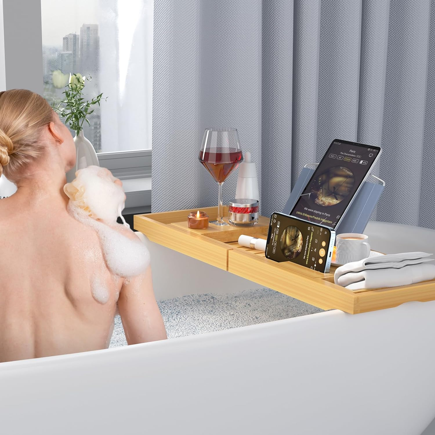 Luxury Bathtub Caddy Tray，Bamboo Bathtub Tray Caddy - Wood Bath Tray Expandable，Can Be Placed Book and Integrated Tablet Smartphone and Wine Holder - Gift Idea for Loved Ones image number 3