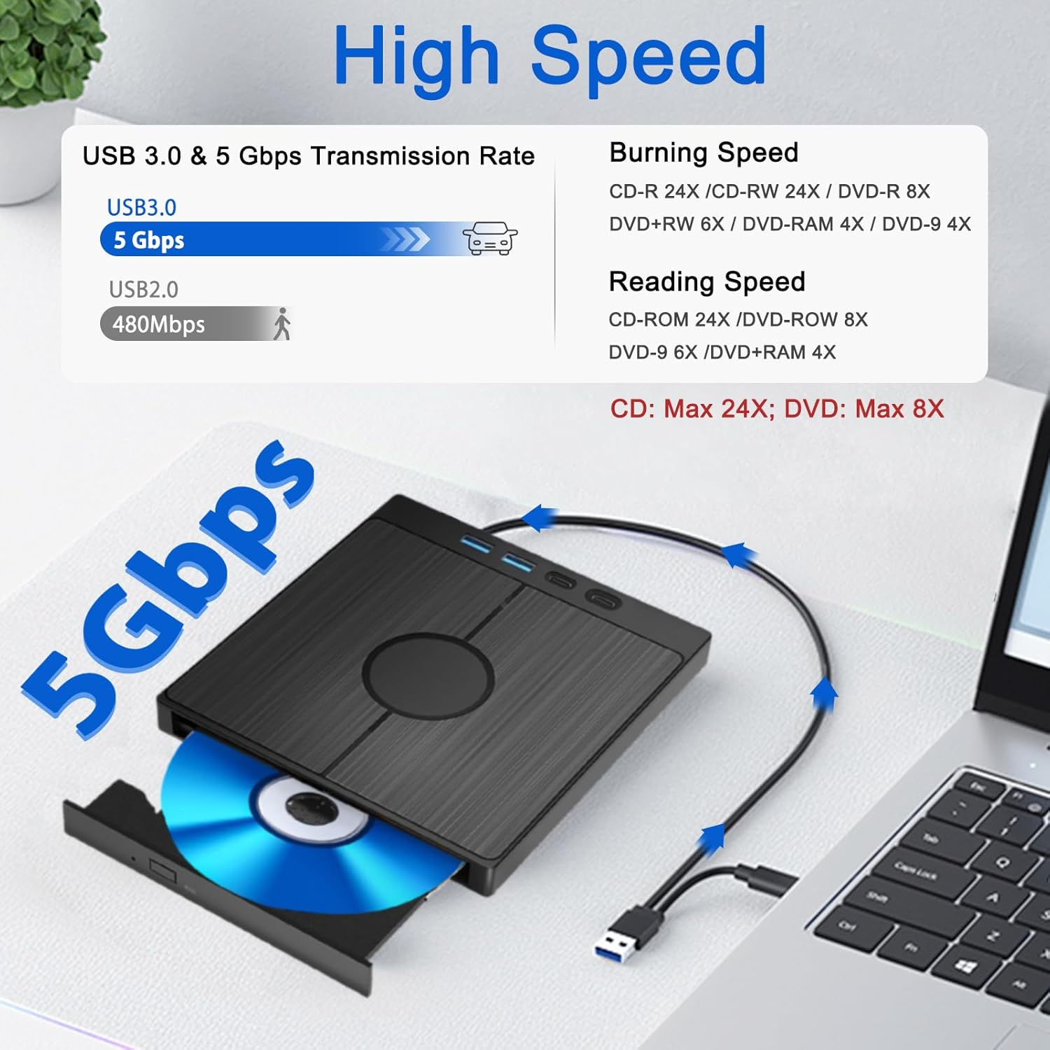 CD Burner External DVD Drive External CD Drive for Laptop PC Desktop CD DVD Player Reader Writer 7-In-1 USB 3.0 USB C TF/SD Card Ports Compatible with Win11/10/8.1/7/Vista/2003/Xp/Mac Os/Linux, Black image number 2