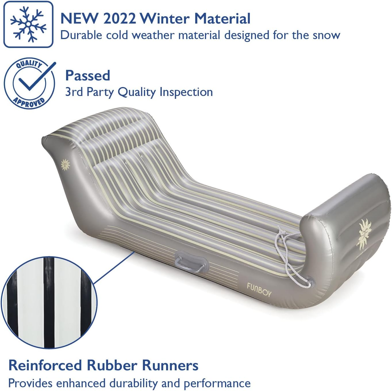 FUNBOY Inflatable Sleigh - Two Person Capacity Winter Snow Sled with Handles, Pull Rope, Rubber Base Tracks, Silver, Single