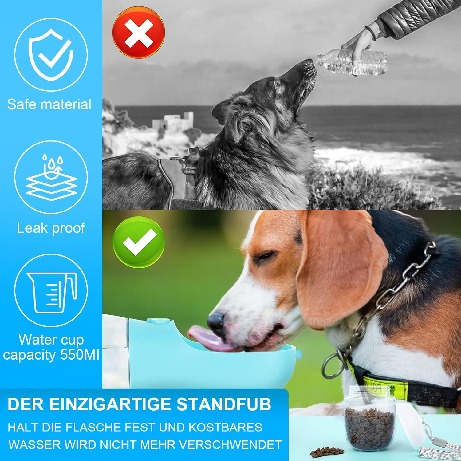 Portable Pet Water Bottle, 550 Ml, Dog, Cat, Pets, Leak-Proof Water Bottle with 100 Ml Dog Food Cup, Perfect for Dogs on the Go, Leak-Proof Outdoor Water Bottle (Blue) image number 1