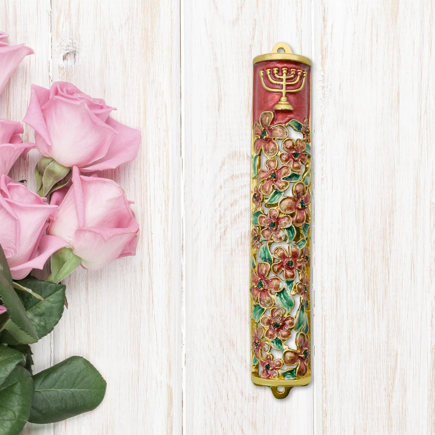 Mrmrkura Mezuzah with Scroll for Door, Enamel&Zinc Alloy Blessing Mezuzah Case, Colored Painted Mezuzha Scroll Kosher for Jewish Gifts/Jewish Decor, Christmas (Red and Gold) - Bright Green image number 6