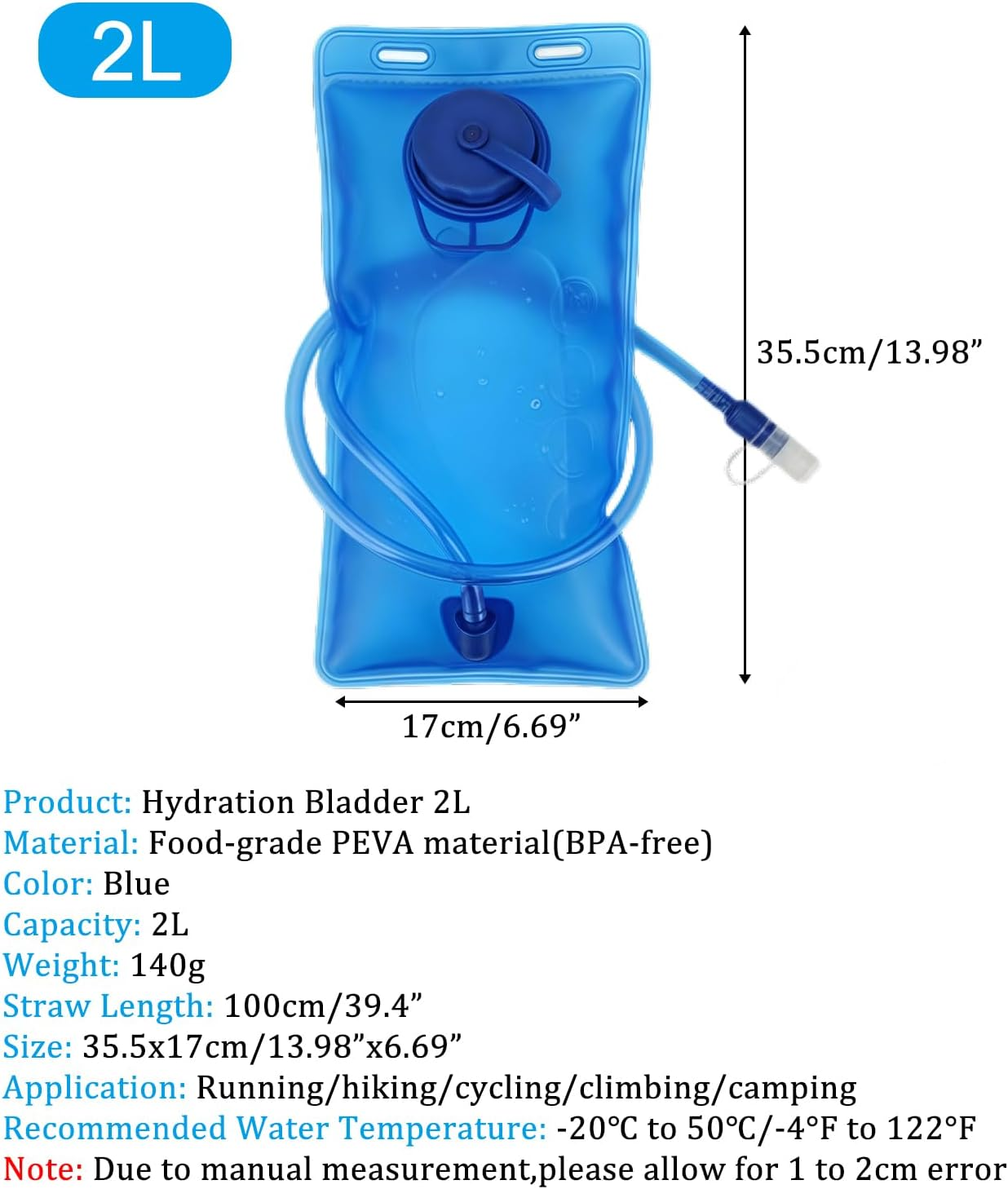 Krtopo Hydration Bladder 2L BPA Free - Leak-Proof Water Bladder with TPE Transparent Bite Valve, Lightweight Foldable Water Bag for Running Cycling Hiking Camping, Military Backpack Reservoir​