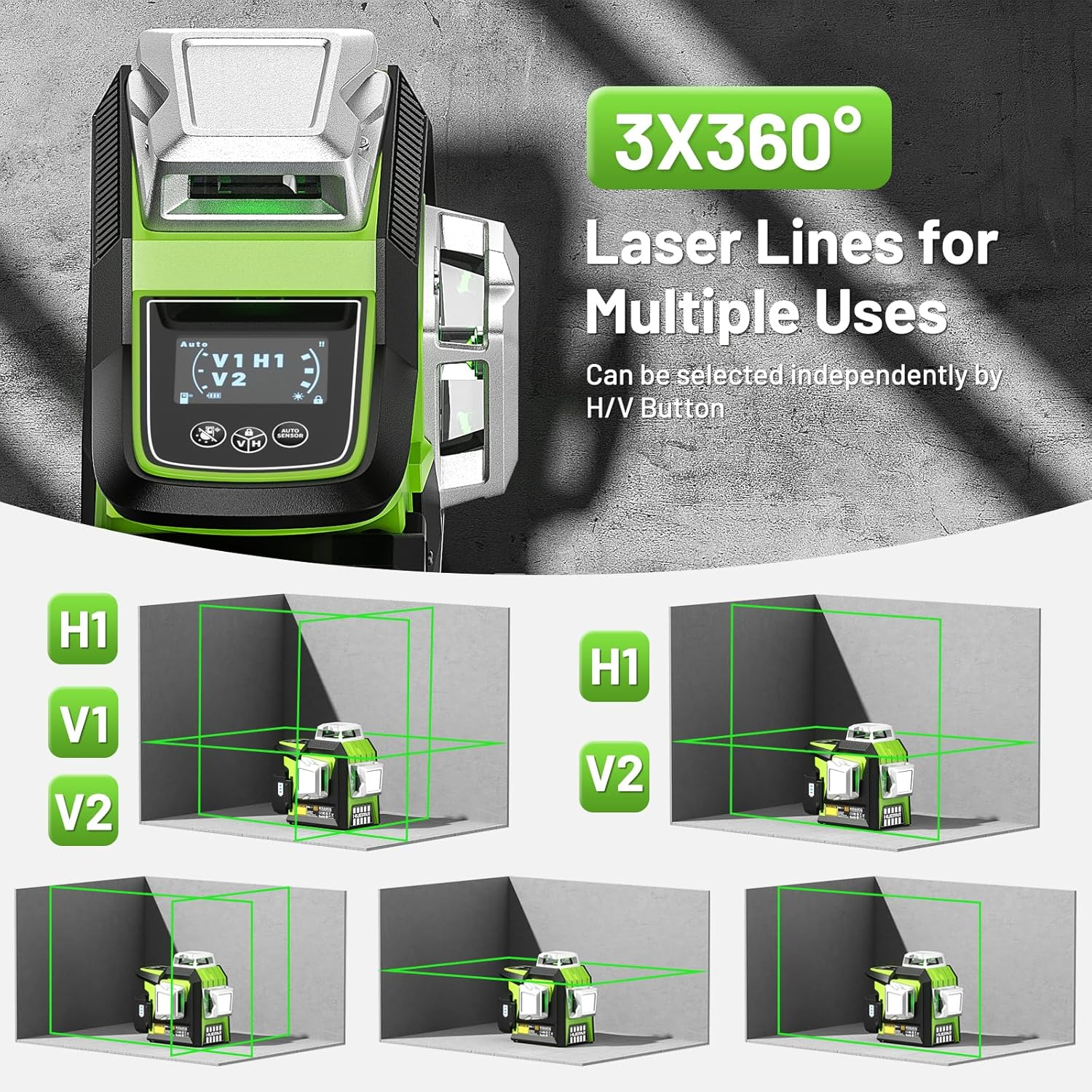 Huepar 3 X 360 Laser Level with LCD Display, 1/13In High Accuracy 3D Green Laser Line Level with Rechargeable Battery & Pulse Mode & Adjust Brightness Laser -Magnetic Base, Hard Carry Case image number 3