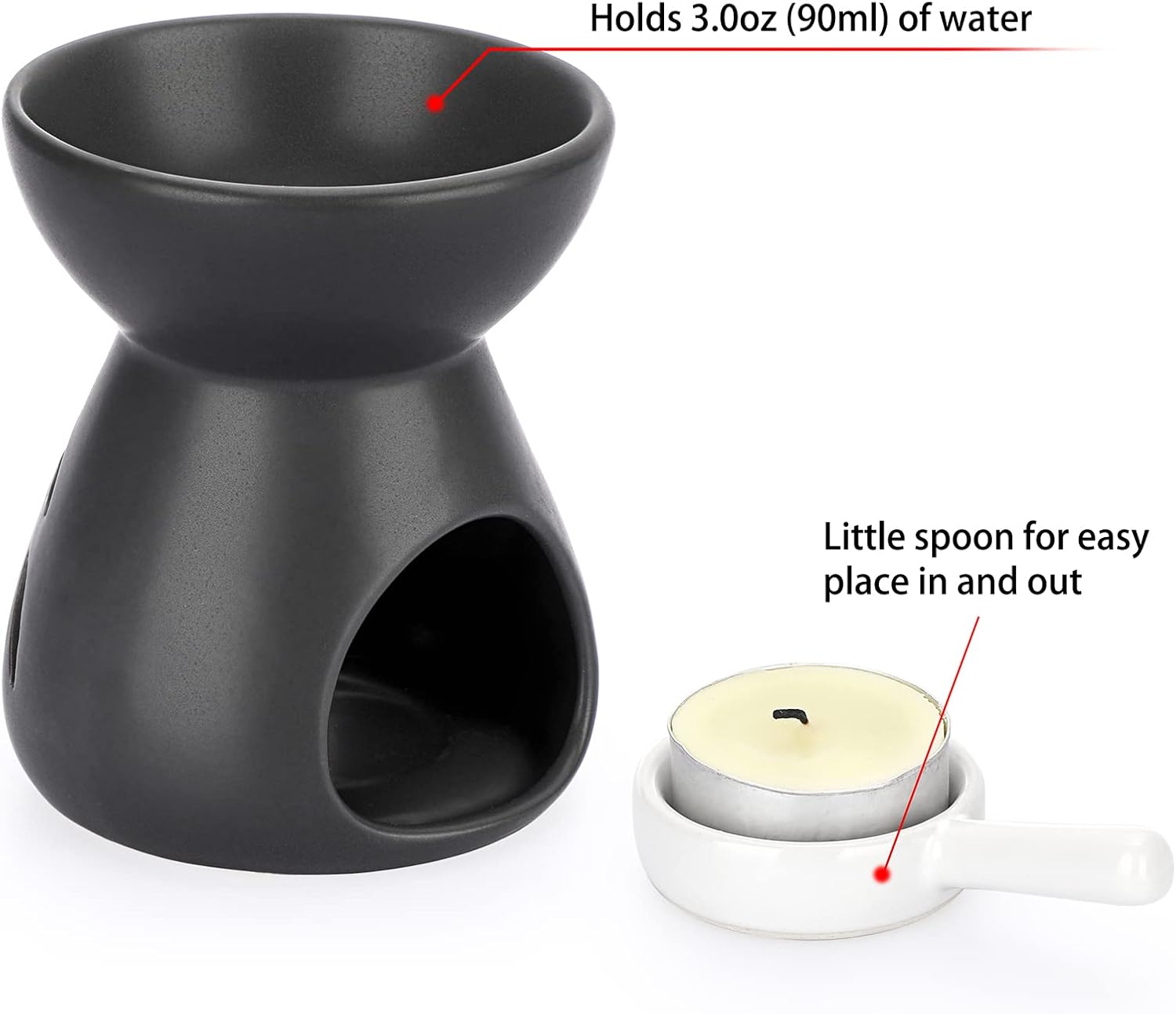 BSTKEY Ceramic Oil Burner Aroma Diffuser, Decorative Wax Melt Burner with Little Candle Spoon, Candle Burner for Home Office, Funnel Model (Black) - White image number 6